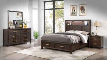 Kenzo Modern Style Queen 4Pc Storage Bedroom Set Made With Wood, Led Headboard, Bluetooth Speakers & Usb Ports Walnut Box Spring Not Required Queen Walnut Wood 4 Piece Set Bedroom Bed Included,Dresser Included,Mirror Included,Nightstand Included