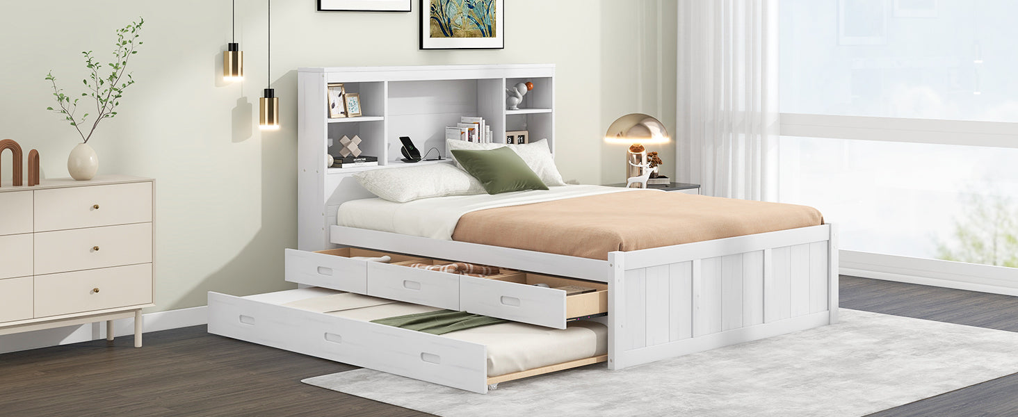 Full Size Platform Bed With Storage Headboard, Charging Station, Twin Size Trundle And 3 Drawers, Antique White Box Spring Not Required Twin Antique White Wood Bedroom Bed Frame Solid Wood Mdf
