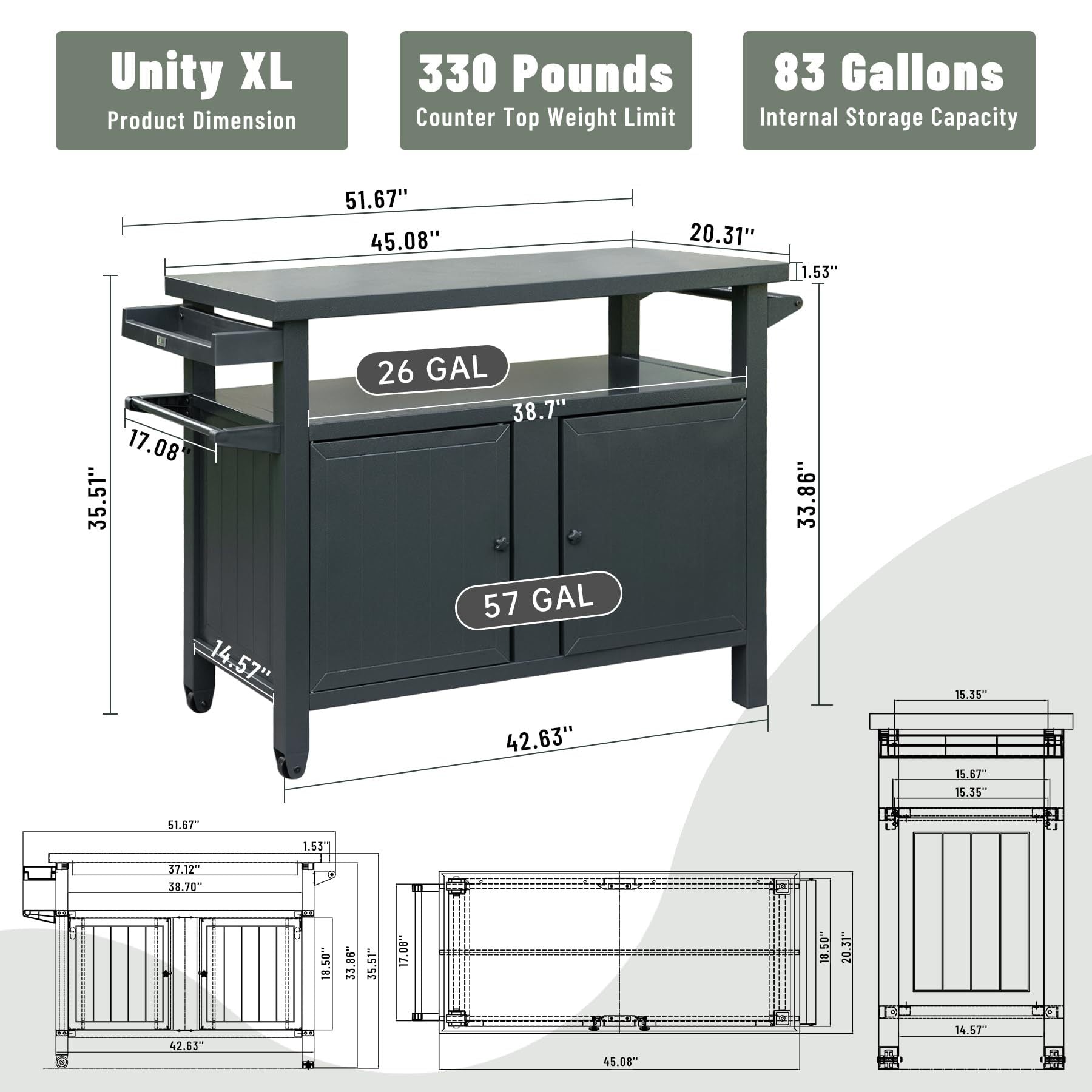 Grill Carts Outdoor Storage Cabinet with Wheels, Metal grey-aluminum