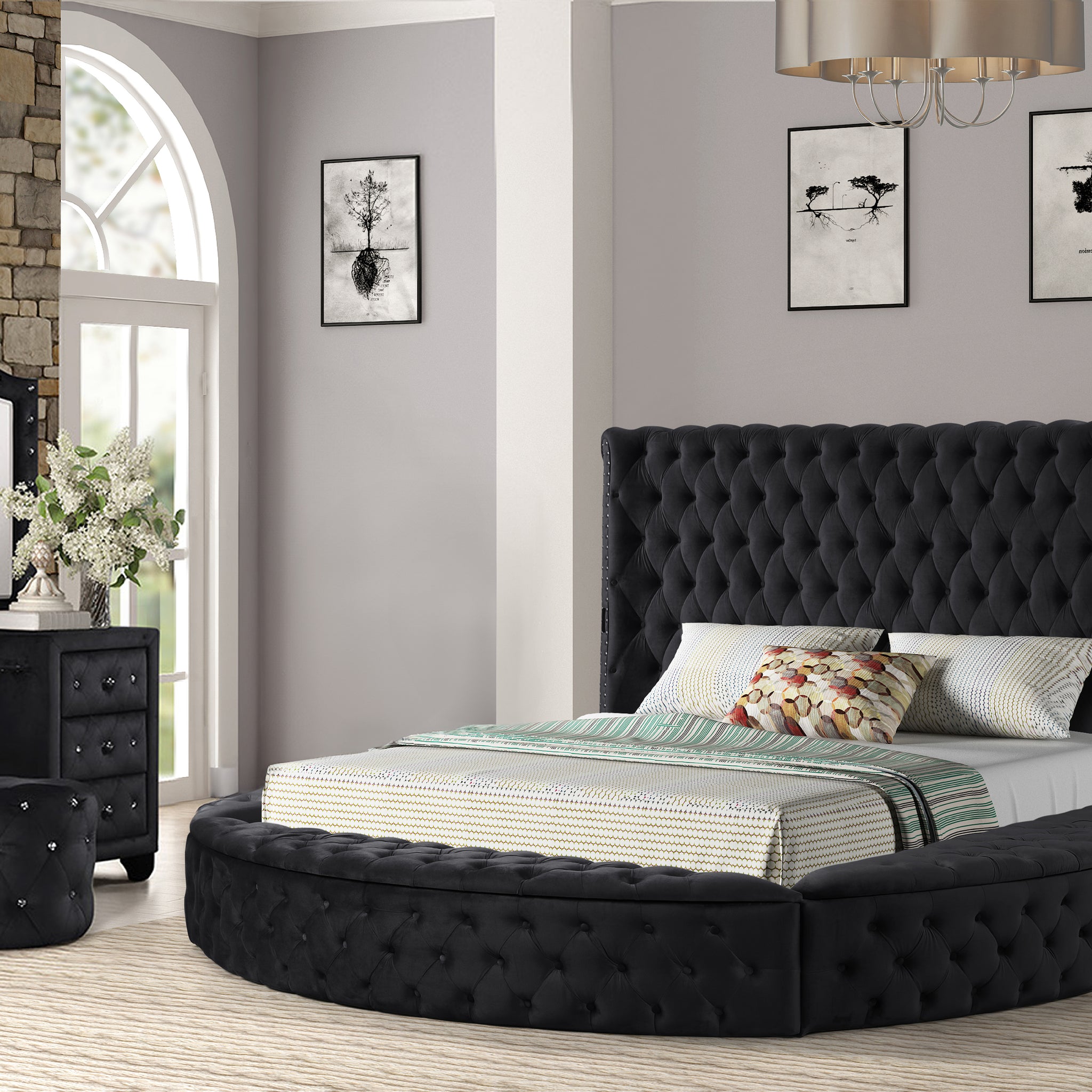 Queen 4 Pc Vanity Bedroom Set Made With Wood In Black Color Box Spring Not Required Queen Black Wood 4 Piece Set Bedroom Contemporary,Modern Solid Wood Mdf Velvet Tufted Wood