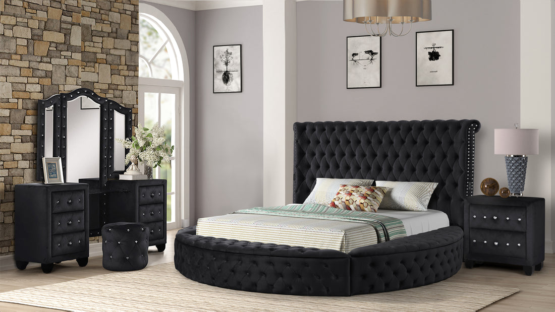 Queen 4 Pc Vanity Bedroom Set Made With Wood In Black Color Box Spring Not Required Queen Black Wood 4 Piece Set Bedroom Contemporary,Modern Solid Wood Mdf Velvet Tufted Wood