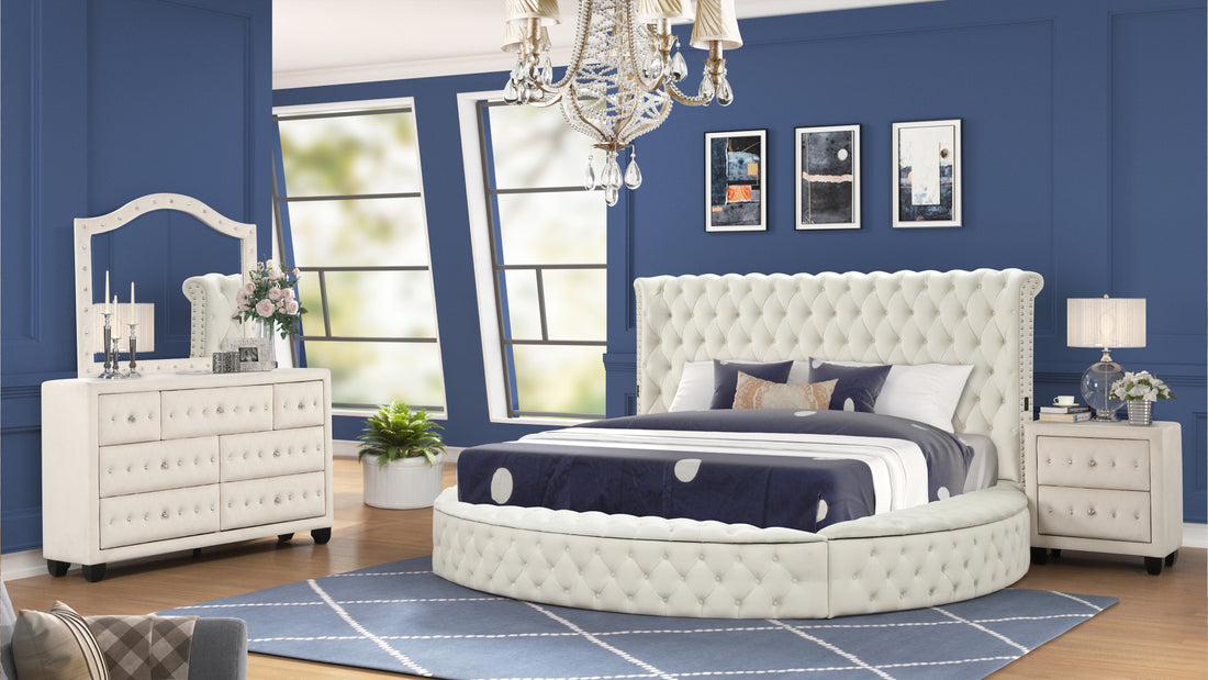 Modern Style King 4Pc Bedroom Set With Usb Ports & Made With Wood In Cream Box Spring Not Required King Cream Wood 4 Piece Set Bedroom Bed Included,Dresser Included,Mirror Included,Nightstand