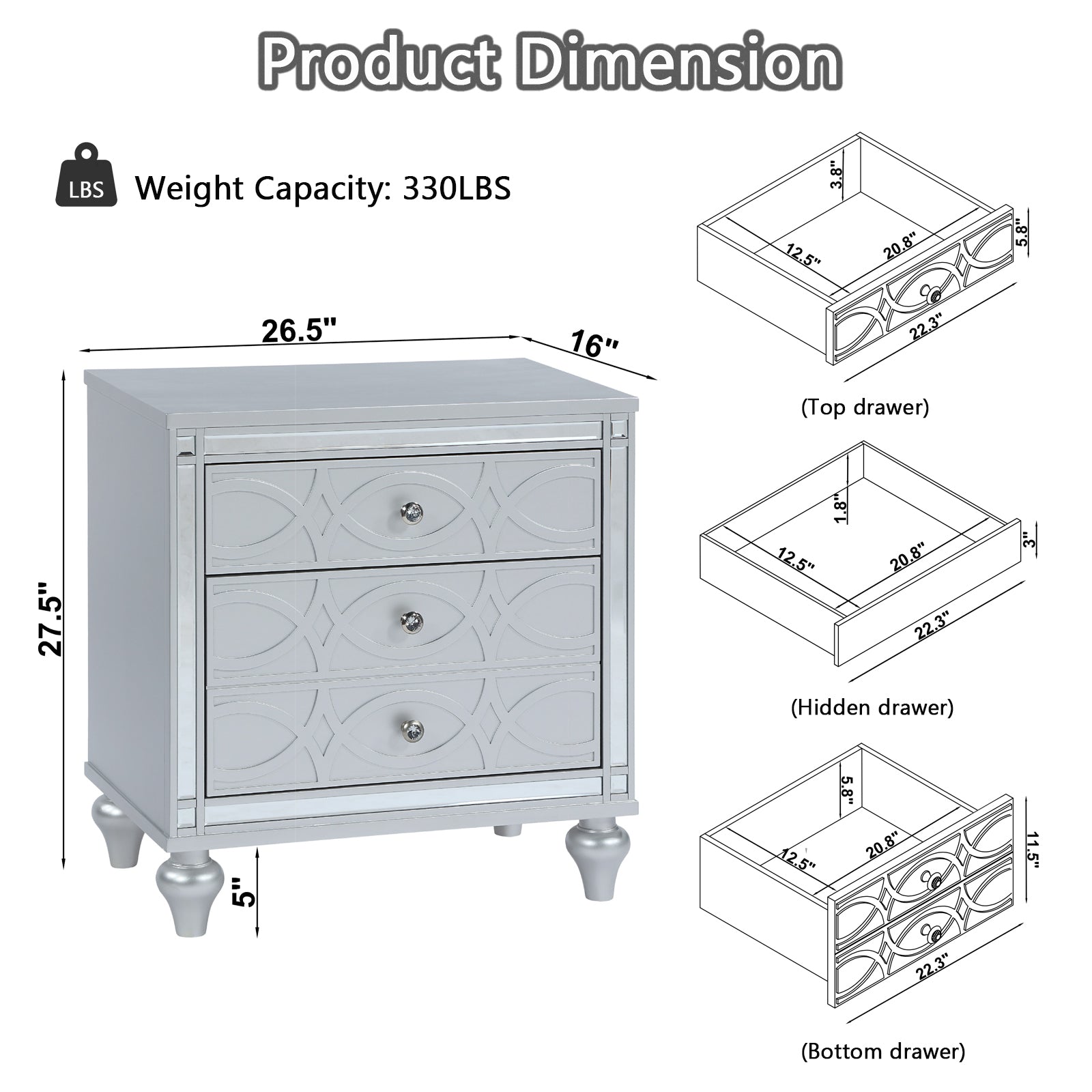 Contemporary Nightstands With Mirror Frame Accents, Bedside Table With Two Drawers And One Hidden Drawer, End Table With Crystal Pull For Living Room,Bedroom, Silver Silver 3 Drawers Solid Wood Mdf