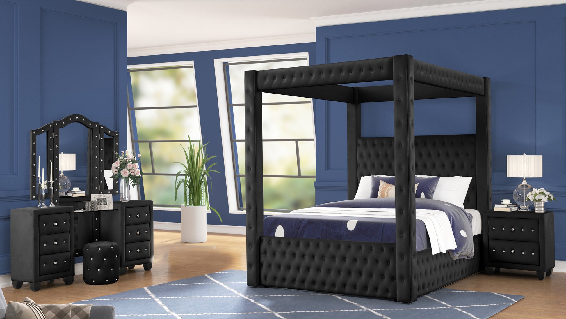 Luxurious Four Poster Full 4 Pc Vanity Bedroom Set Made With Wood In Black Box Spring Not Required Full Black Wood 4 Piece Set Bedroom Modern Upholstered Velvet Tufted Wood
