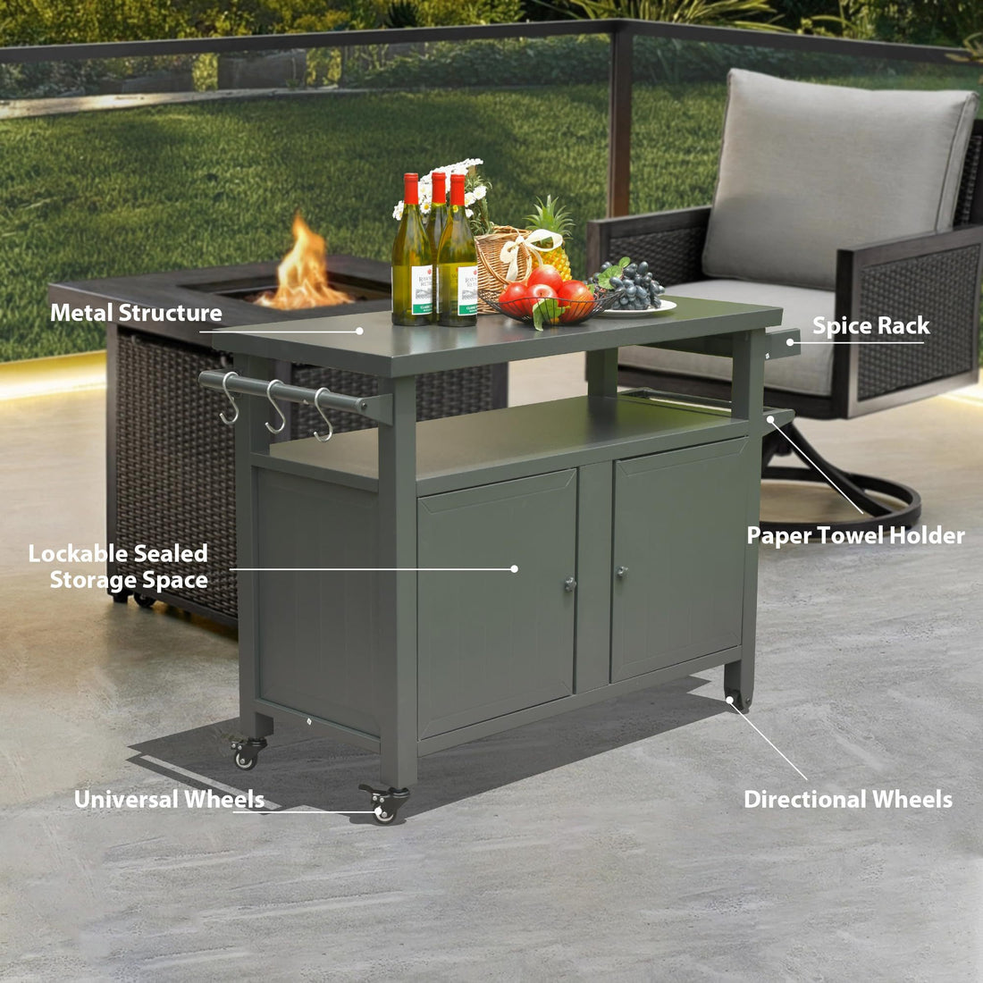 Grill Carts Outdoor Storage Cabinet With Wheels, Metal Outdoor Grill Table Kitchen Dining Table Cooking Prep Bbq Table For Patio, Kitchen Island, Home Party, Bar Grey Grey Aluminum