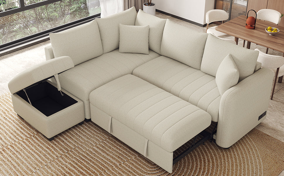 82.6" L Shaped Sectional Pull Out Sofa Bed Sleeper Sofa With Two Usb Ports, Two Power Sockets And A Movable Storage Ottoman, Beige Beige Foam Polyester