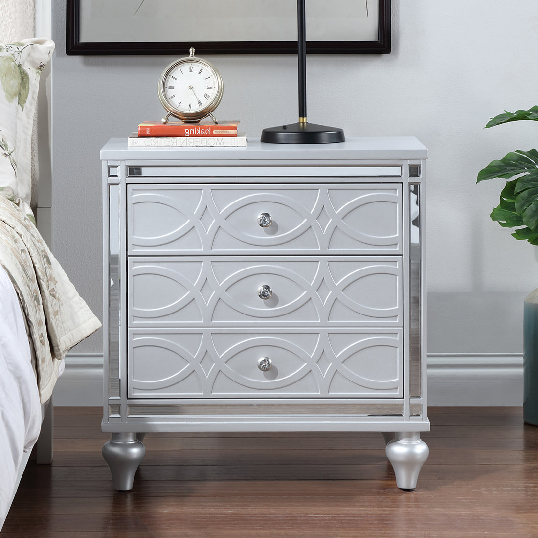 Contemporary Nightstands With Mirror Frame Accents, Bedside Table With Two Drawers And One Hidden Drawer, End Table With Crystal Pull For Living Room,Bedroom, Silver Silver 3 Drawers Solid Wood Mdf