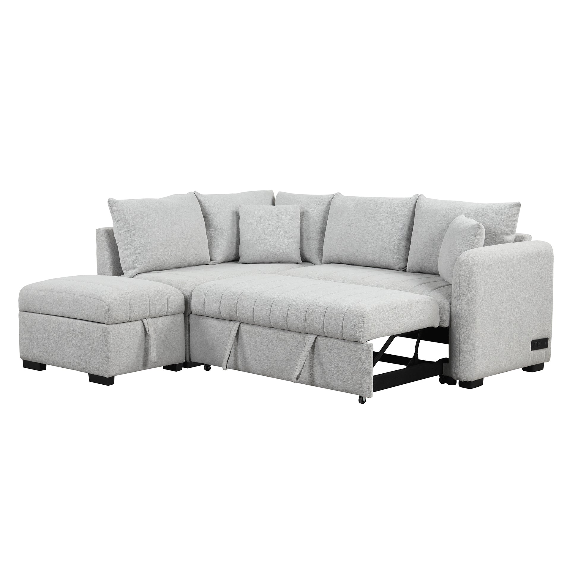 82.6" L Shaped Sectional Pull Out Sofa Bed Sleeper Sofa With Two Usb Ports, Two Power Sockets And A Movable Storage Ottoman, Gray Gray Foam Polyester