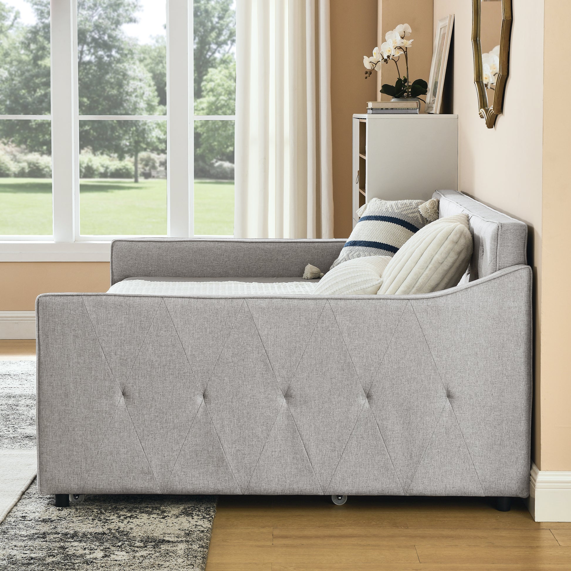 Full Size Daybed With Twin Size Trundle Upholstered Tufted Sofa Bed, Waved Shape Arms, Beige Box Spring Not Required Full Beige Wood Bedroom Eucalyptus Linen Linen