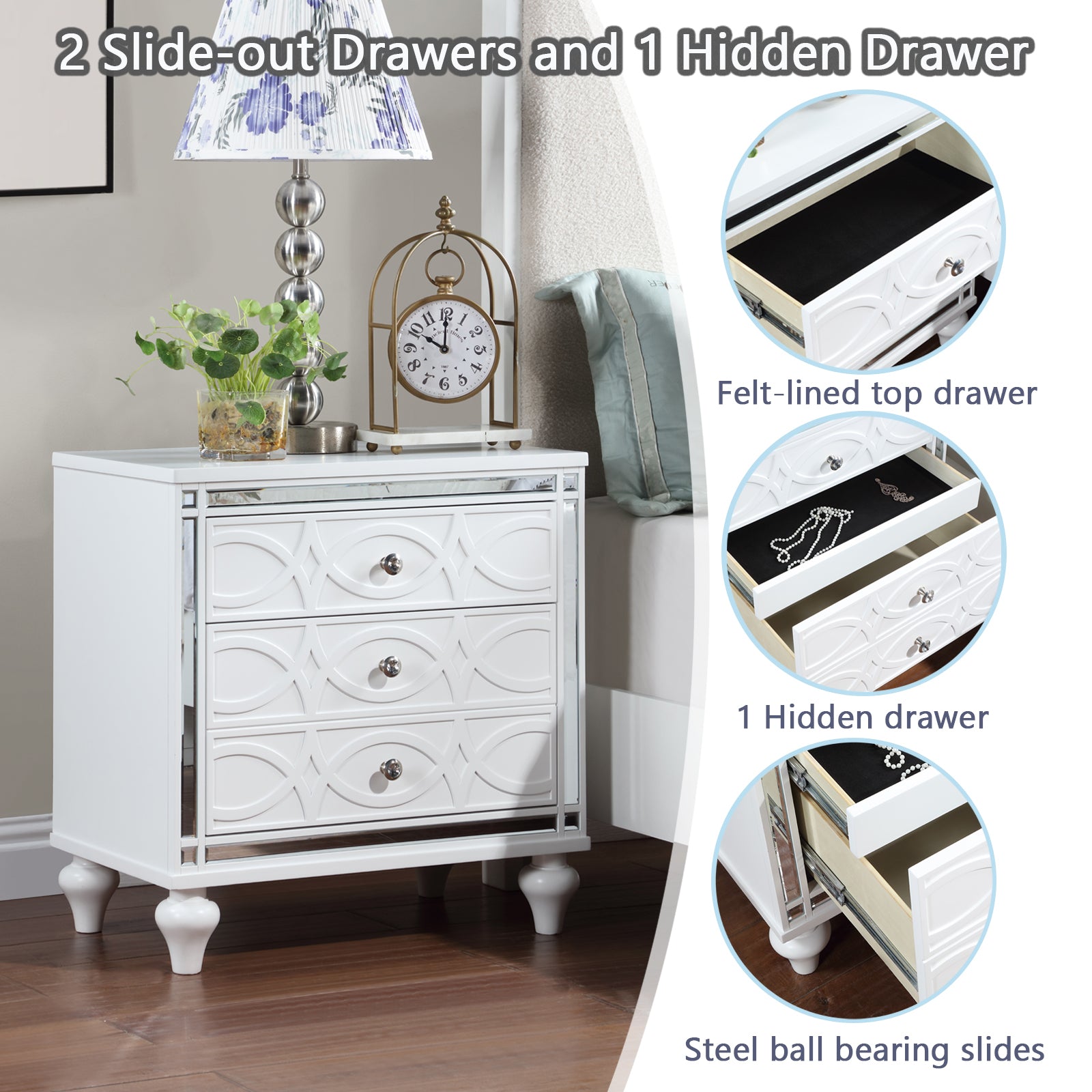 Contemporary Nightstands With Mirror Frame Accents, Bedside Table With Two Drawers And One Hidden Drawer, End Table With Crystal Pull For Living Room,Bedroom, White White 3 Drawers Solid Wood Mdf