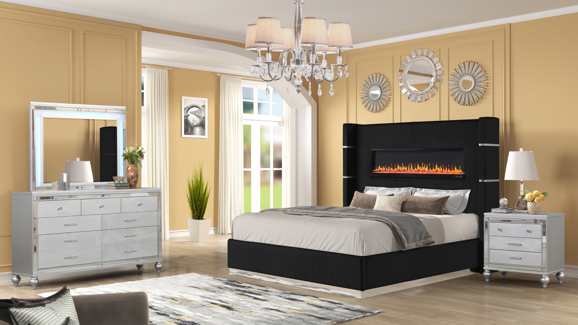 Upholstery Wooden King 4 Pc Bedroom Set With Ambient Lighting In Black Velvet Finish Box Spring Required King Black Wood 4 Piece Set Bedroom Bed Included,Dresser Included,Mirror Included,Nightstand