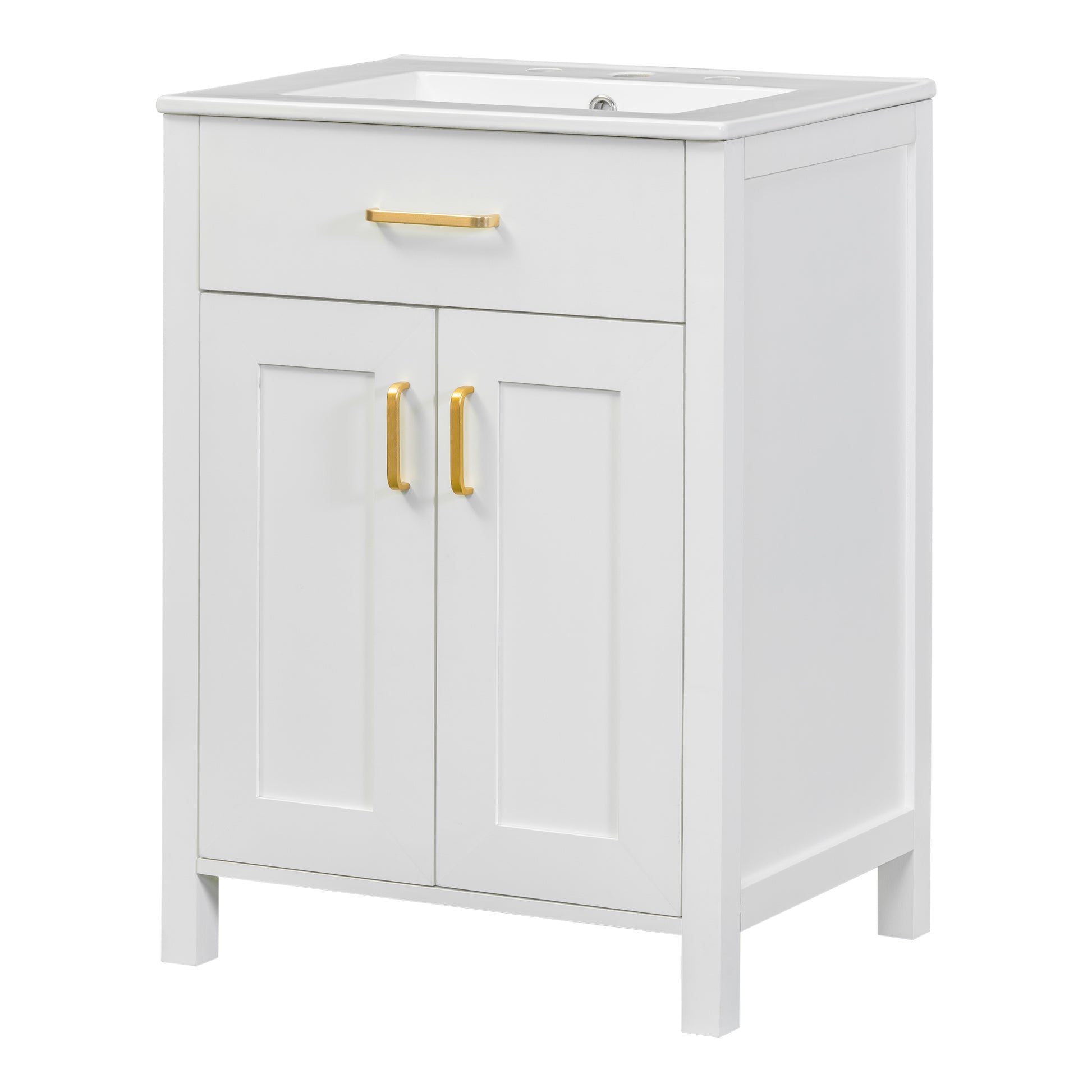 24"Bathroom Vanity Combo With Ceramic Sink, Luxurious Space Saving Vanity W24"*D18"*H34"Inch, 2 Soft Close Doors Gold White Bathroom Solid Wood Mdf