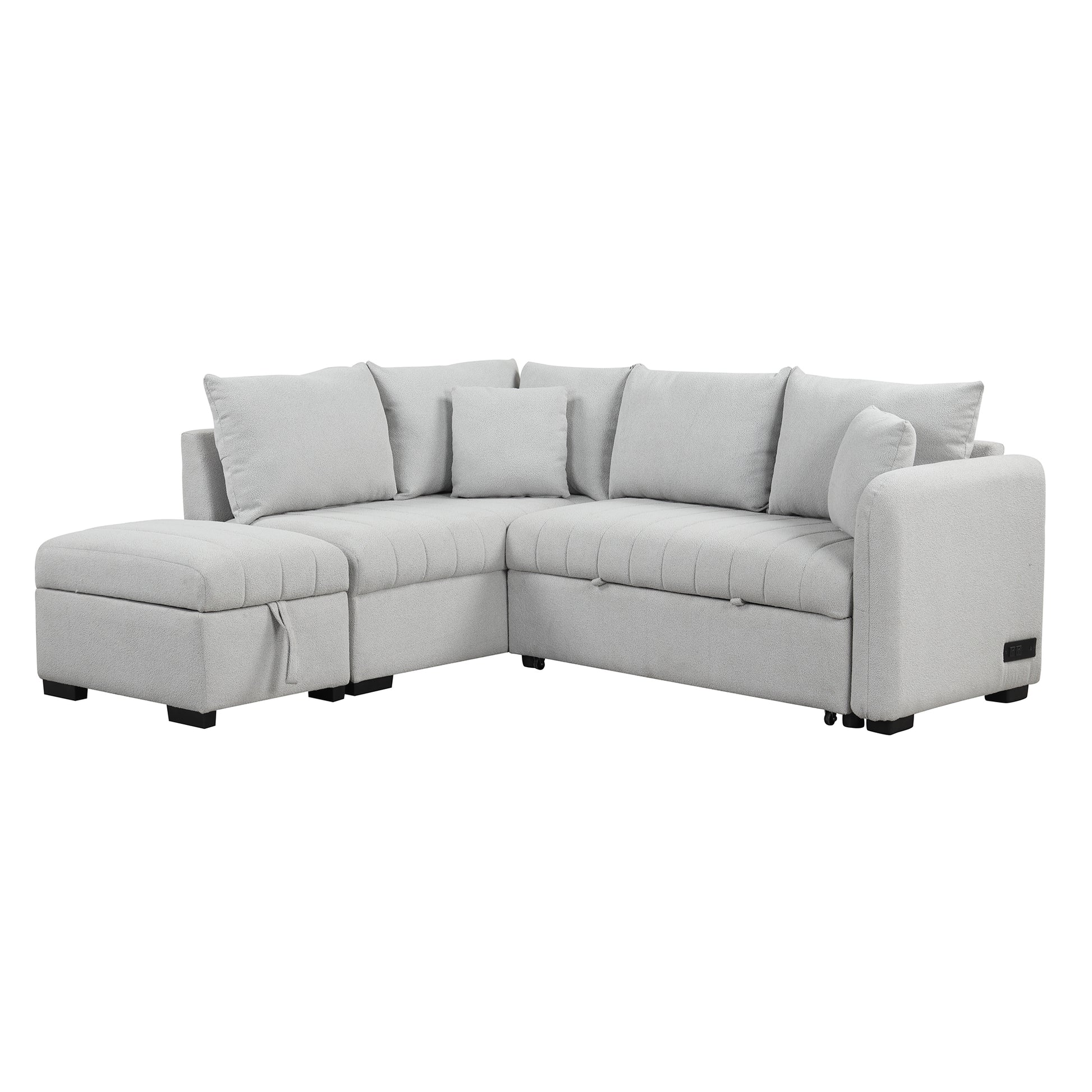 82.6" L Shaped Sectional Pull Out Sofa Bed Sleeper Sofa With Two Usb Ports, Two Power Sockets And A Movable Storage Ottoman, Gray Gray Foam Polyester