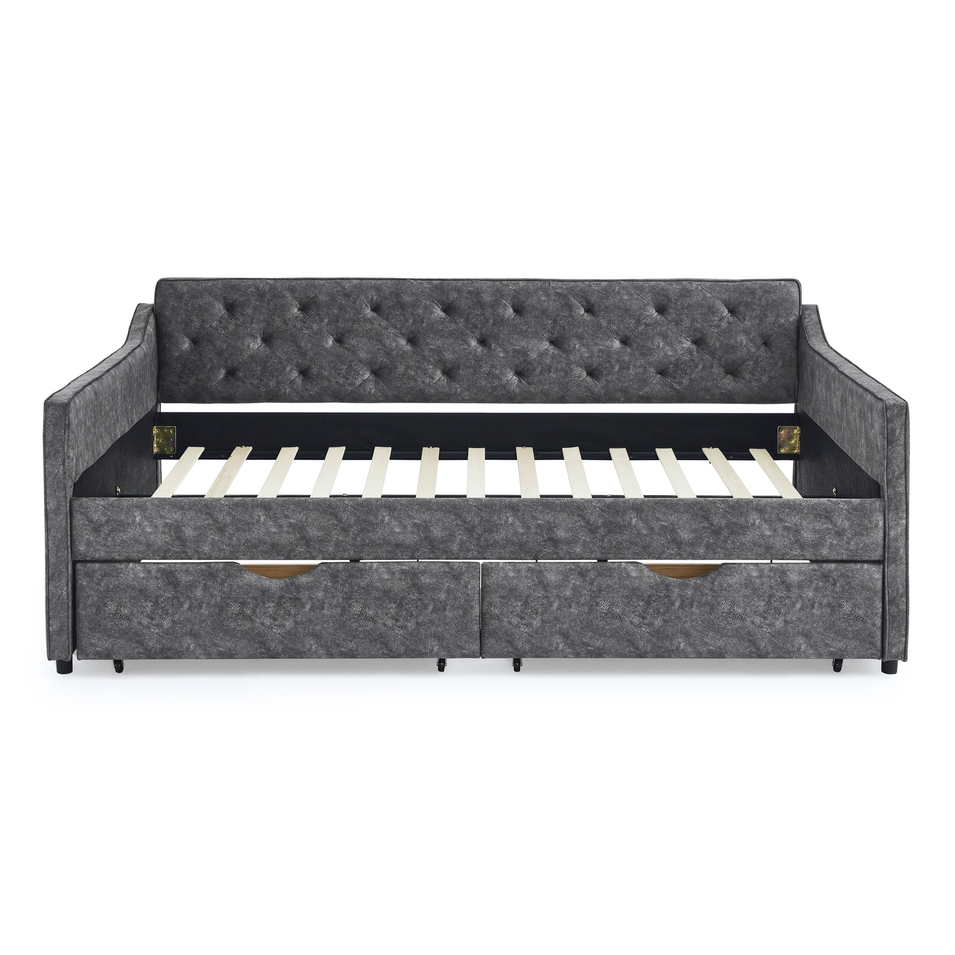 Queen Size Daybed With Drawers Upholstered Tufted Sofa Bed,With Button On Back On Waved Shape Arms Box Spring Not Required Queen Grey Wood Bedroom Eucalyptus Polyester Foam