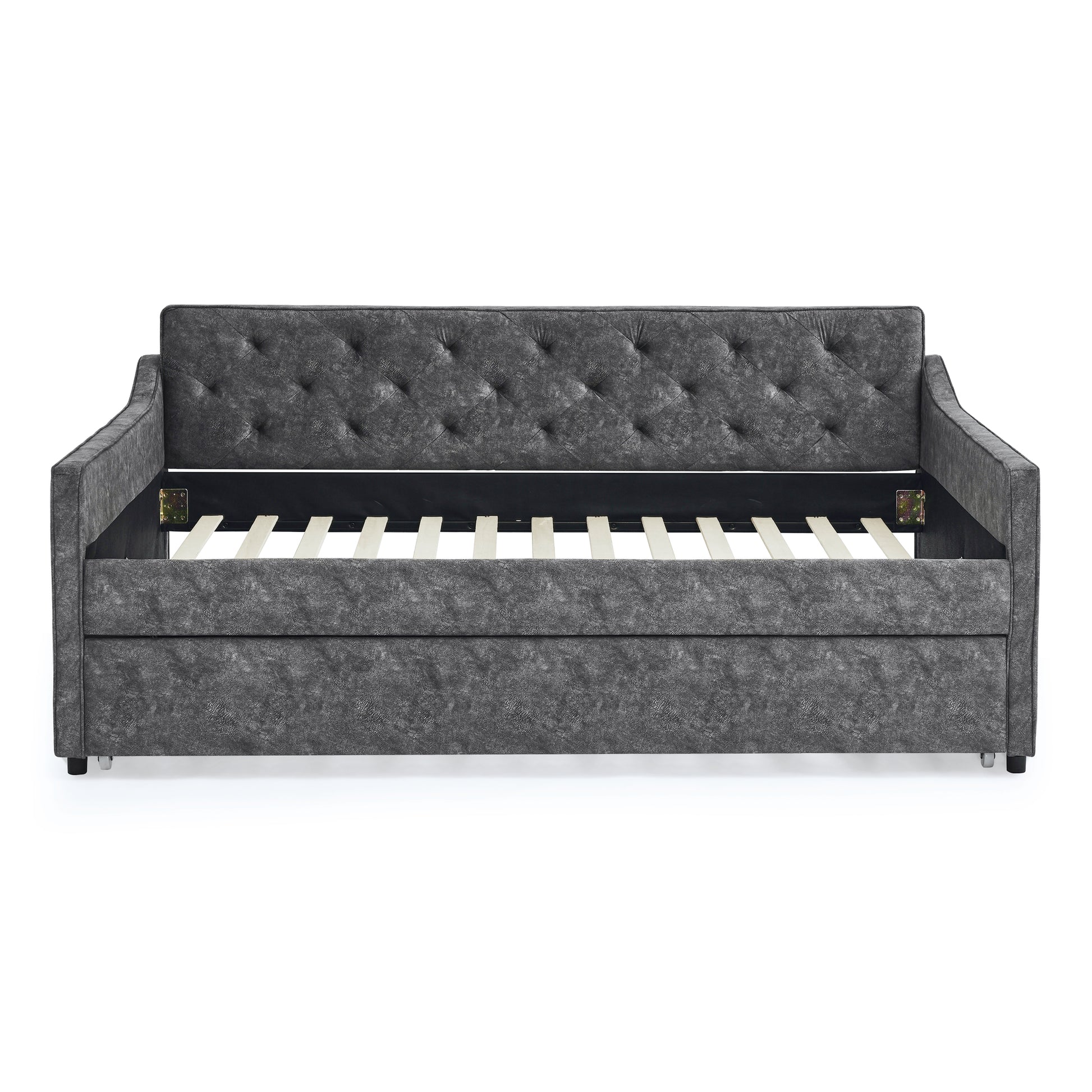 Full Size Daybed With Twin Size Trundle Upholstered Tufted Sofa Bed, Waved Shape Arms, Grey Box Spring Not Required Full Grey Wood Bedroom Eucalyptus Polyester Polyester