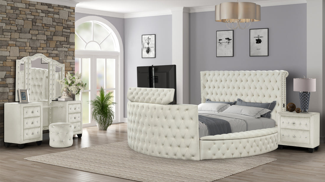 Maya Crystal Tufted King 4 Pc Vanity Bedroom Set Made With Wood In Cream Box Spring Not Required King Cream Wood 4 Piece Set Bedroom Contemporary,Modern Upholstered Velvet Tufted Wood