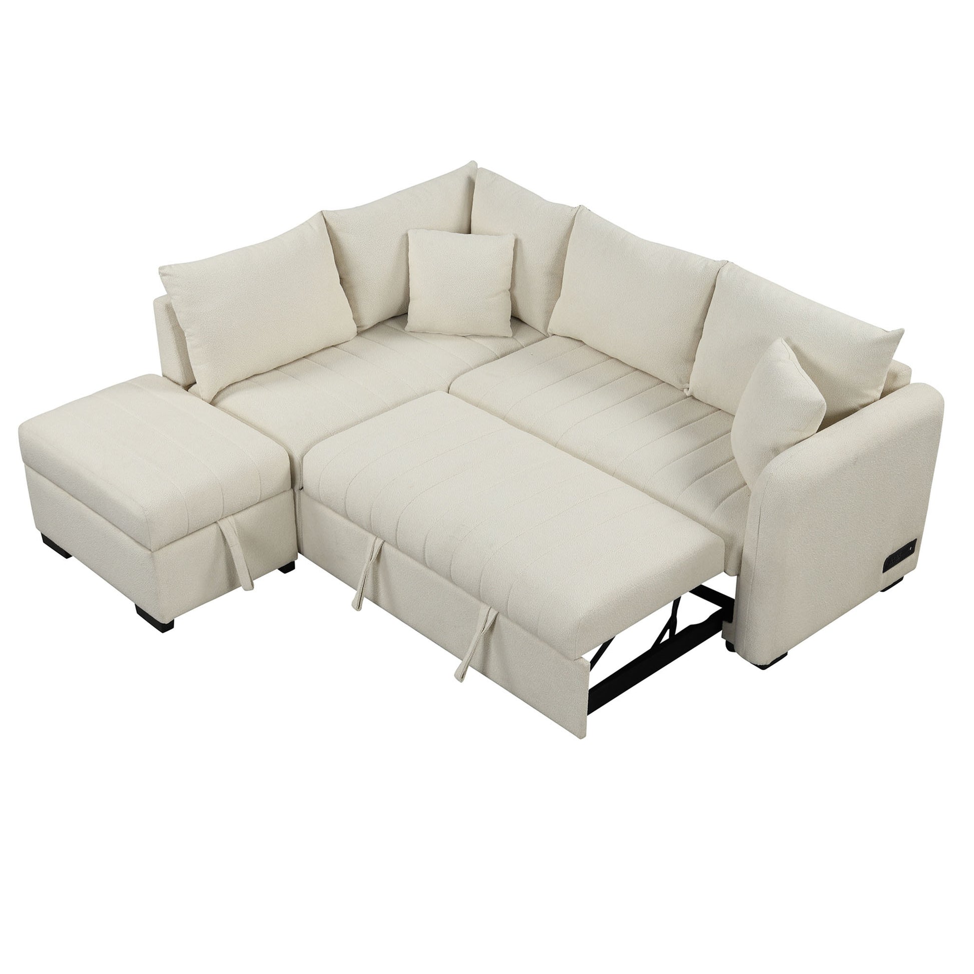 82.6" L Shaped Sectional Pull Out Sofa Bed Sleeper Sofa With Two Usb Ports, Two Power Sockets And A Movable Storage Ottoman, Beige Beige Foam Polyester