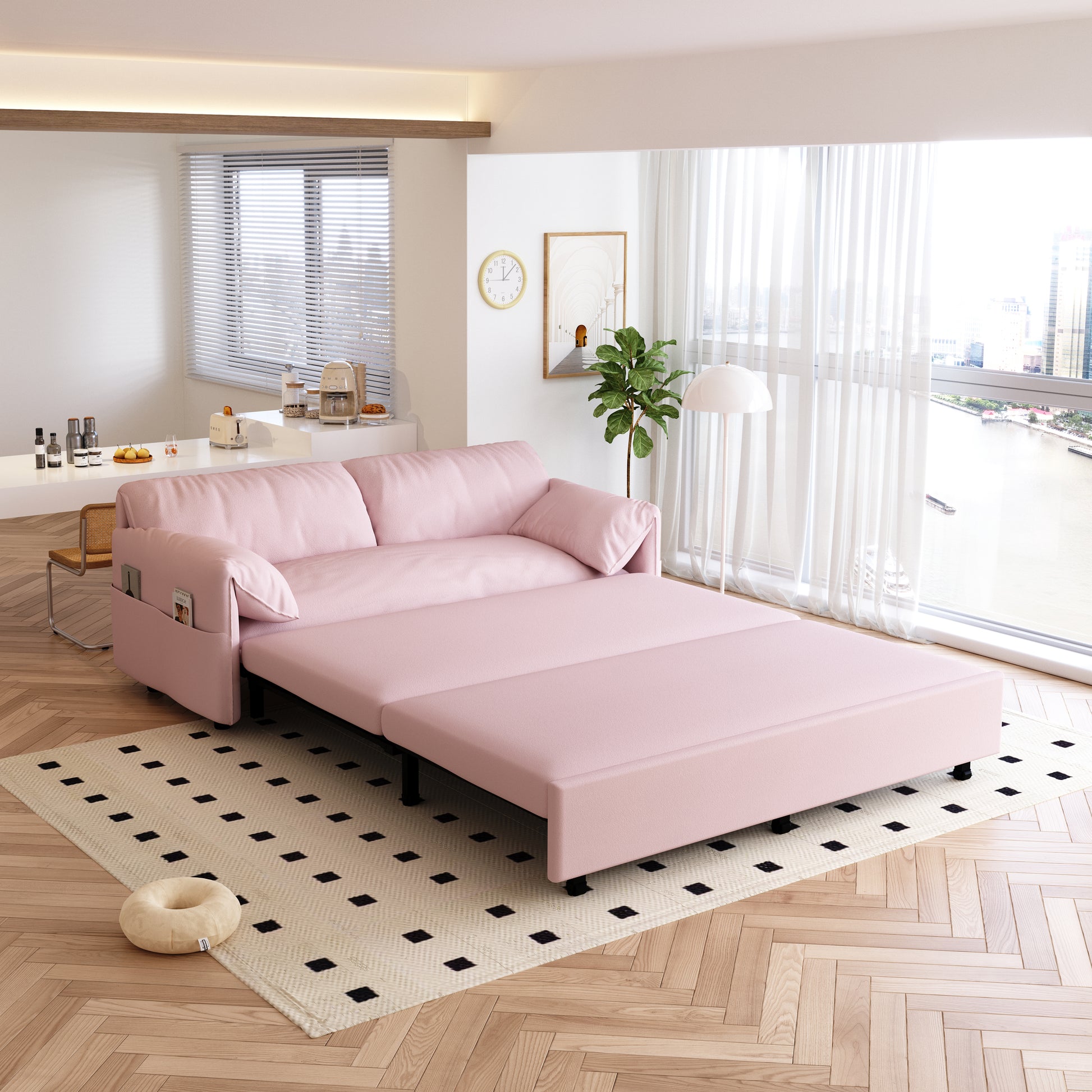 63.8" Queen Pull Out Sofa Bed, 3 In 1 Convertible Sleeper Sofa With Side Storage,Multi Functional Velvet Loveseat Bed For Living Room,Bedroom,Apartment,Office,Pink Pink Velvet Velvet 2 Seat