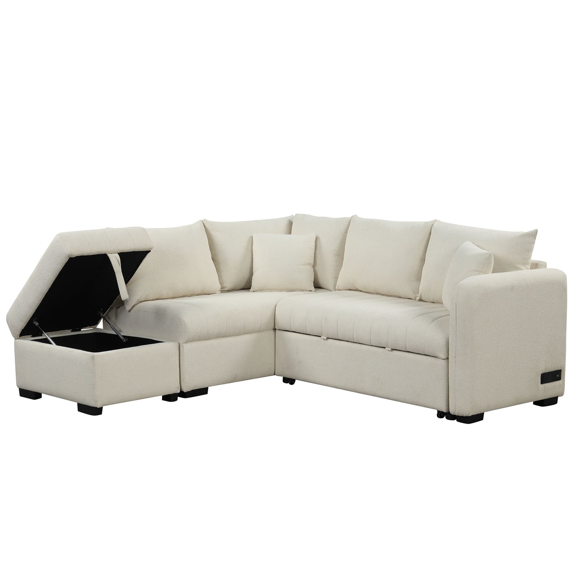 82.6" L Shaped Sectional Pull Out Sofa Bed Sleeper Sofa With Two Usb Ports, Two Power Sockets And A Movable Storage Ottoman, Beige Beige Foam Polyester
