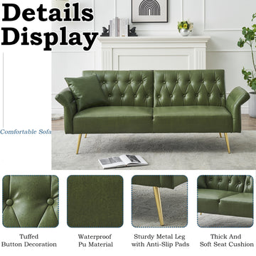 67.71 Inch Faux Leather Sofa Bed With Adjustment Armres Green Foam Pvc 2 Seat