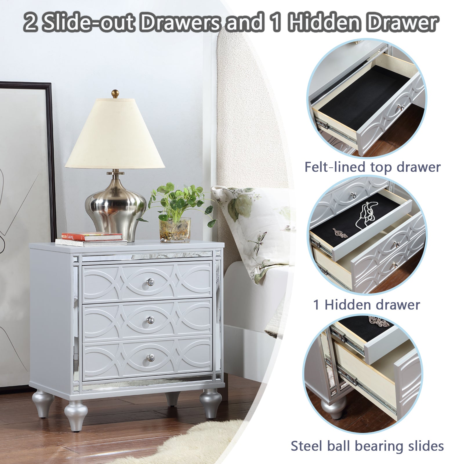 Contemporary Nightstands With Mirror Frame Accents, Bedside Table With Two Drawers And One Hidden Drawer, End Table With Crystal Pull For Living Room,Bedroom, Silver Silver 3 Drawers Solid Wood Mdf