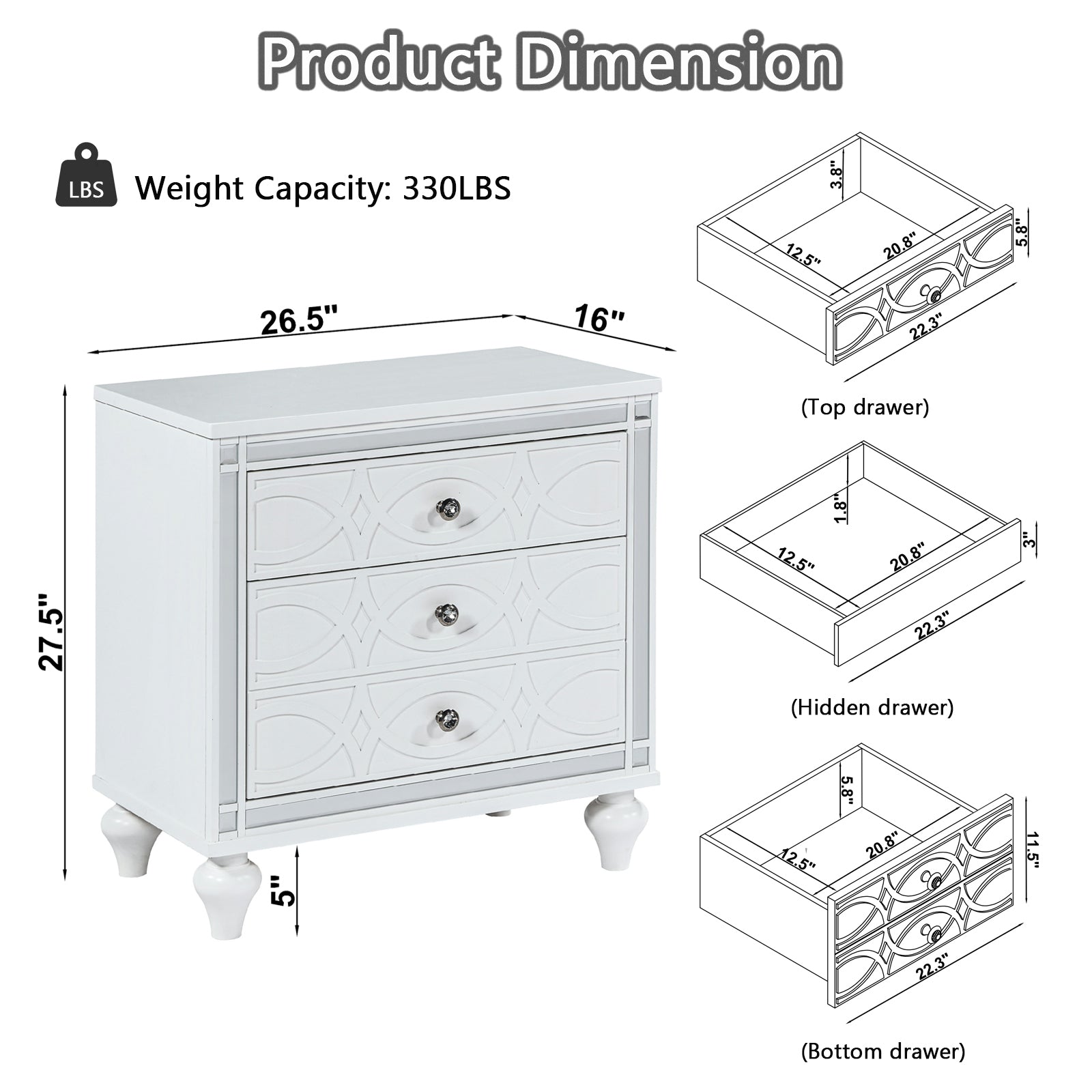 Contemporary Nightstands With Mirror Frame Accents, Bedside Table With Two Drawers And One Hidden Drawer, End Table With Crystal Pull For Living Room,Bedroom, White White 3 Drawers Solid Wood Mdf