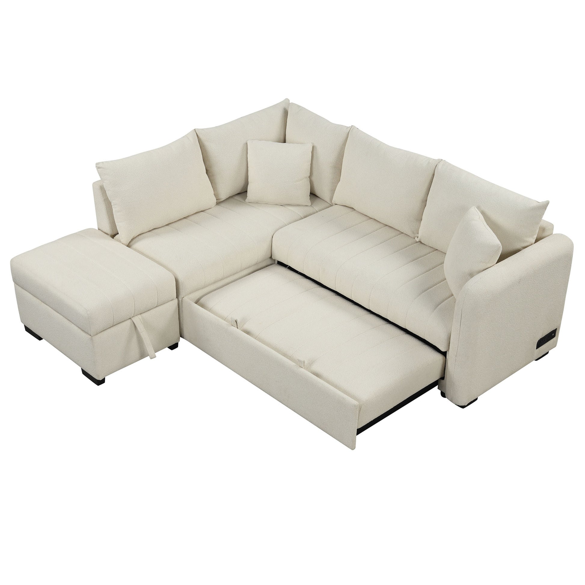82.6" L Shaped Sectional Pull Out Sofa Bed Sleeper Sofa With Two Usb Ports, Two Power Sockets And A Movable Storage Ottoman, Beige Beige Foam Polyester