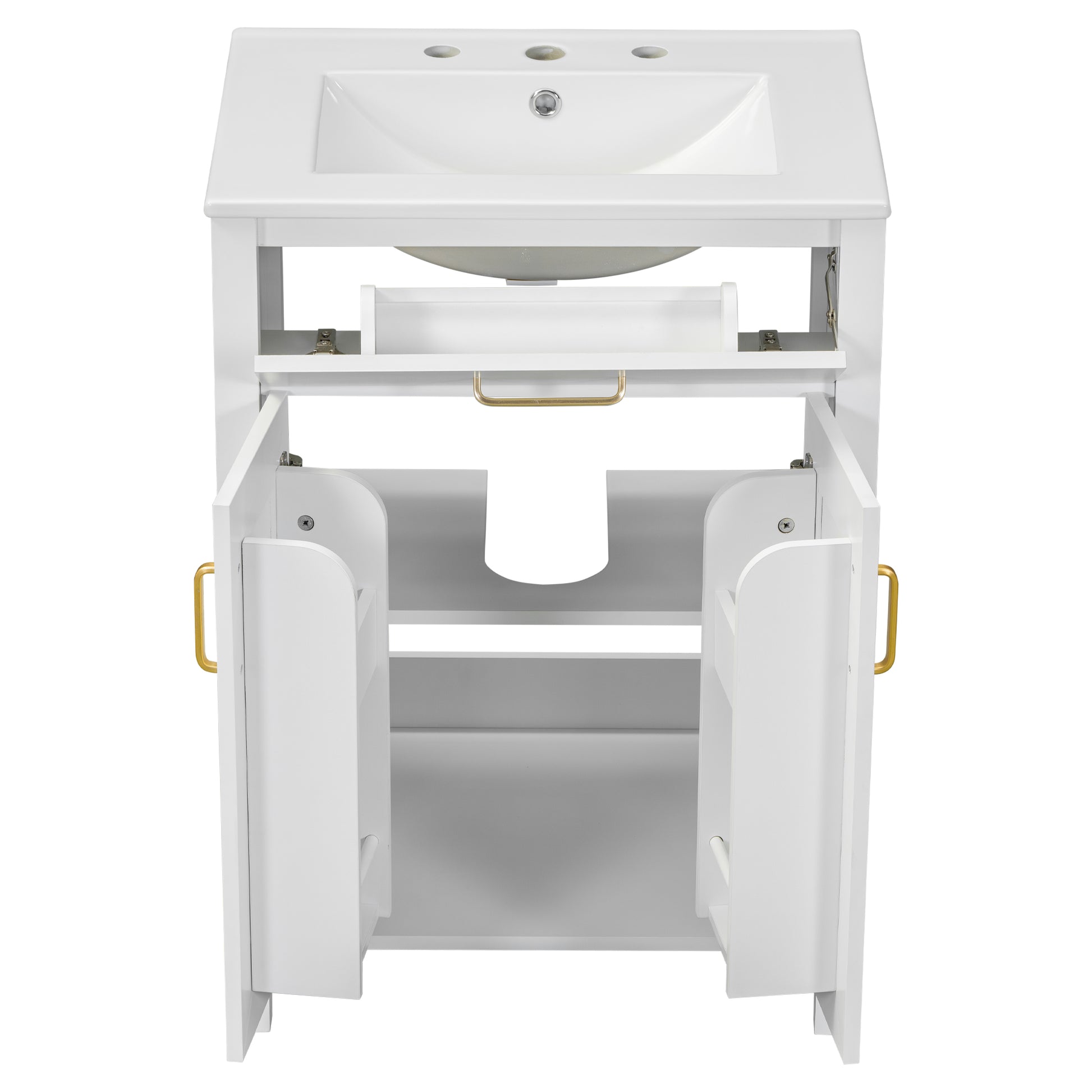 24"Bathroom Vanity Combo With Ceramic Sink, Luxurious Space Saving Vanity W24"*D18"*H34"Inch, 2 Soft Close Doors Gold White Bathroom Solid Wood Mdf