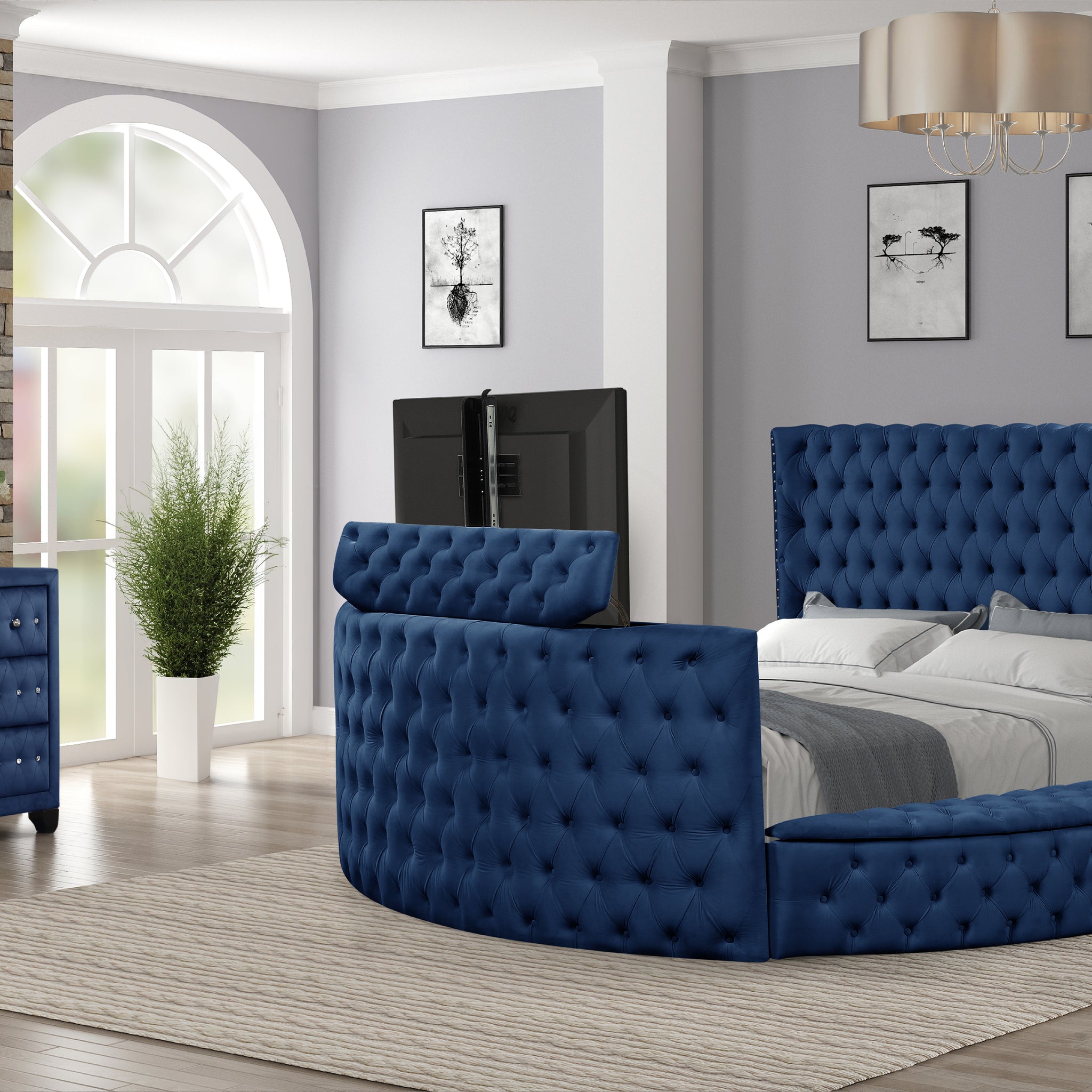 Maya Modern Style Crystal Tufted King 4Pc Bed Room Set Made With Wood In Blue Box Spring Not Required King Blue Wood 4 Piece Set Bedroom Bed Included,Dresser Included,Mirror Included,Nightstand Included Modern Upholstered Velvet Tufted Wood