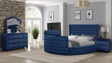 Maya Modern Style Crystal Tufted Queen 4Pc Bed Room Set Made With Wood In Blue Box Spring Not Required Queen Blue Wood 4 Piece Set Bedroom Bed Included,Dresser Included,Mirror Included,Nightstand Included Modern Upholstered Velvet Tufted Wood