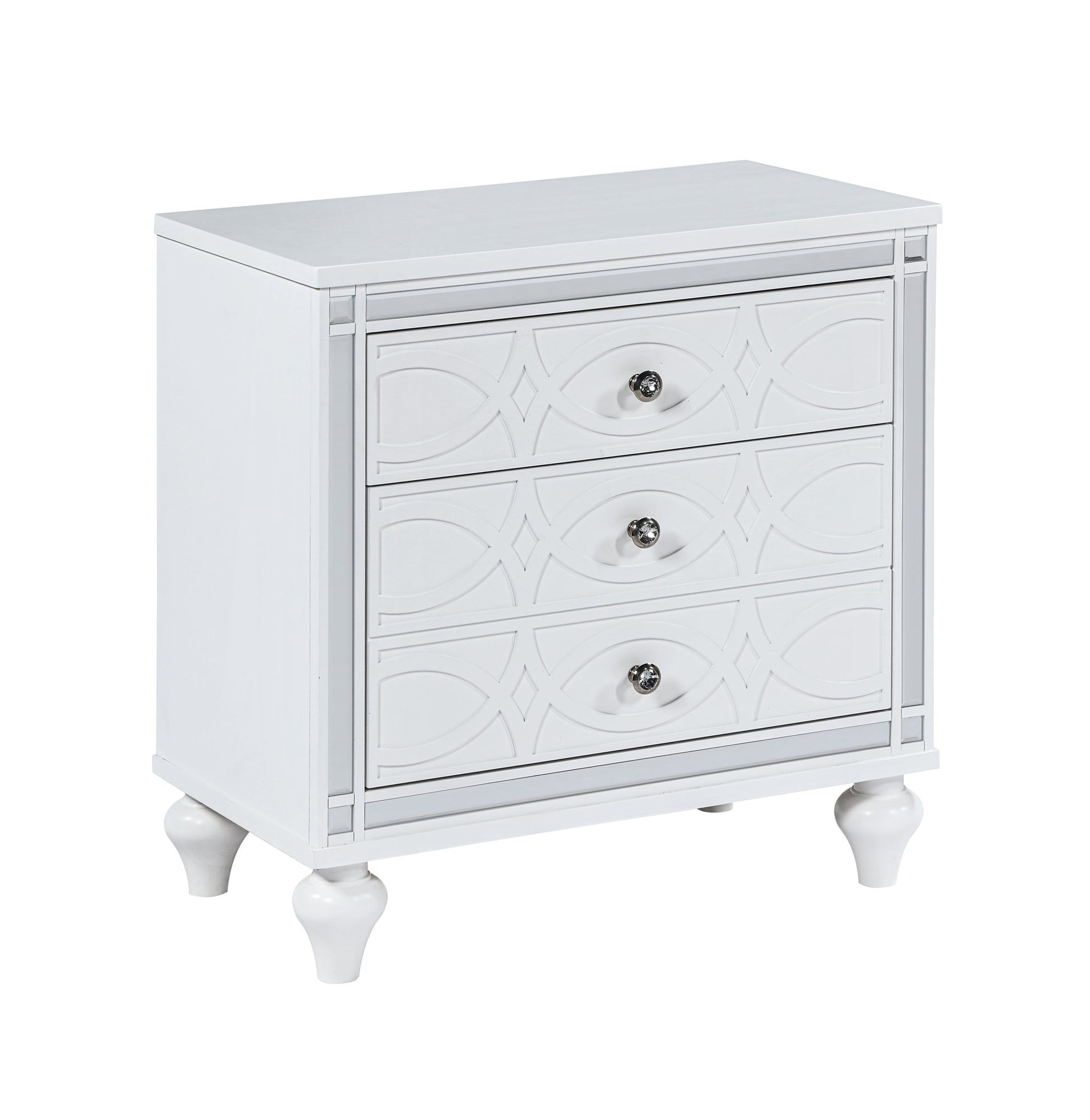 Contemporary Nightstands With Mirror Frame Accents, Bedside Table With Two Drawers And One Hidden Drawer, End Table With Crystal Pull For Living Room,Bedroom, White White 3 Drawers Solid Wood Mdf