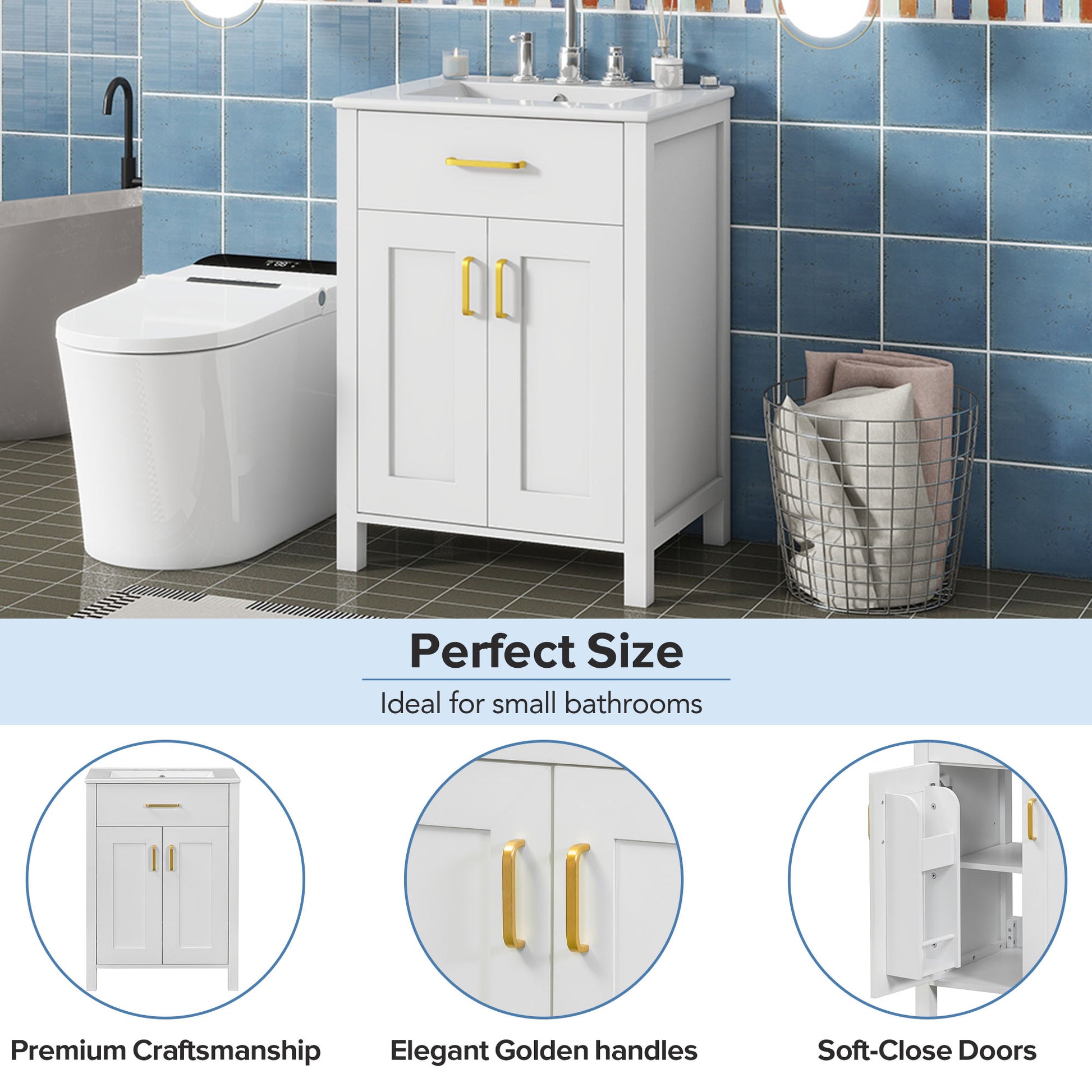 24"Bathroom Vanity Combo With Ceramic Sink, Luxurious Space Saving Vanity W24"*D18"*H34"Inch, 2 Soft Close Doors Gold White Bathroom Solid Wood Mdf