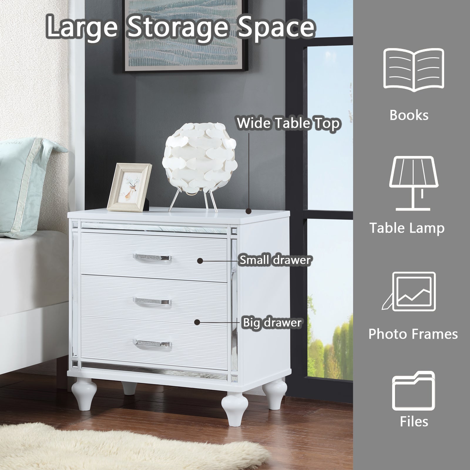 Contemporary Nightstands With Mirror Frame Accents, Bedside Table With Two Drawers And One Hidden Drawer, End Table With Crystal Pull For Living Room,Bedroom, White White 3 Drawers Solid Wood Mdf