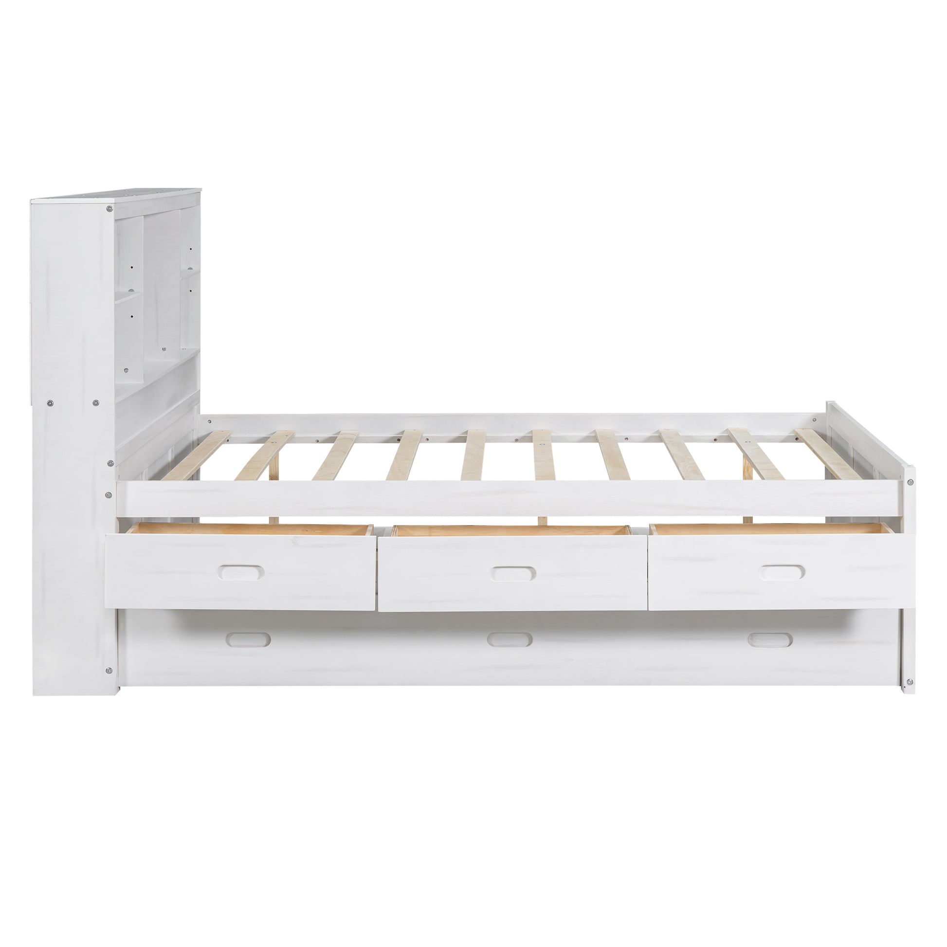 Full Size Platform Bed With Storage Headboard, Charging Station, Twin Size Trundle And 3 Drawers, Antique White Box Spring Not Required Twin Antique White Wood Bedroom Bed Frame Solid Wood Mdf