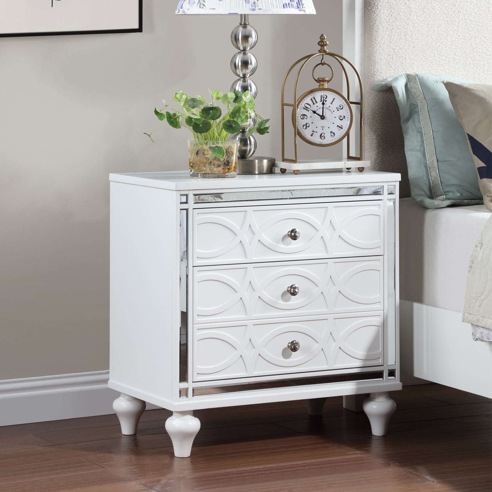 Contemporary Nightstands With Mirror Frame Accents, Bedside Table With Two Drawers And One Hidden Drawer, End Table With Crystal Pull For Living Room,Bedroom, White White 3 Drawers Solid Wood Mdf