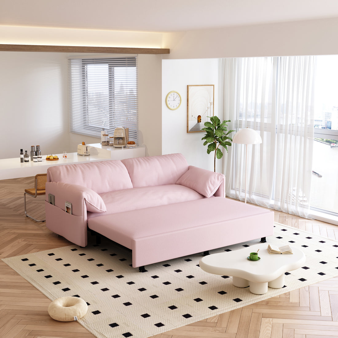 63.8" Queen Pull Out Sofa Bed, 3 In 1 Convertible Sleeper Sofa With Side Storage,Multi Functional Velvet Loveseat Bed For Living Room,Bedroom,Apartment,Office,Pink Pink Velvet Velvet 2 Seat