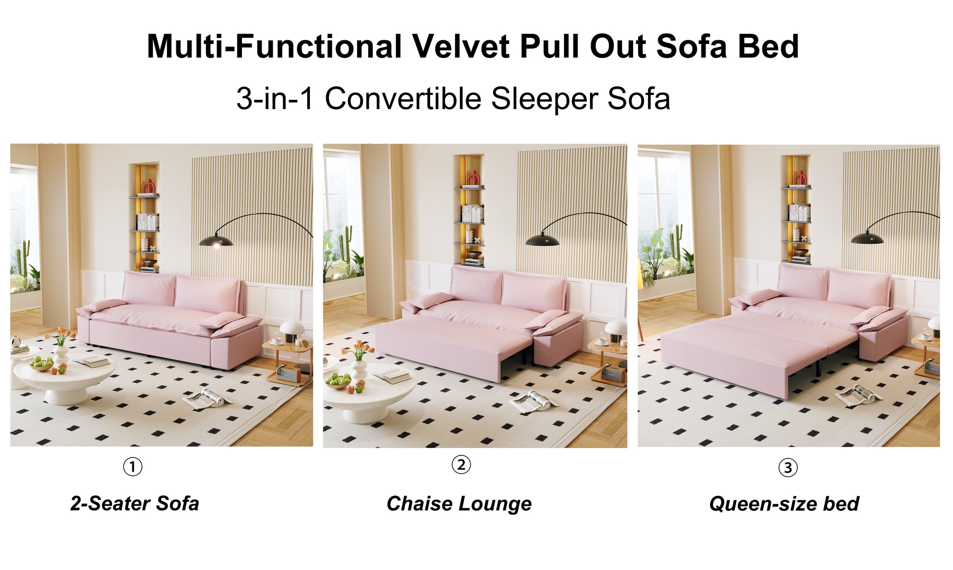 70.1" Queen Pull Out Sofa Bed, 3 In 1 Convertible Sleeper Sofa With 2 Soft Pillows,Multi Functional Velvet Loveseat Bed,Pink Pink Velvet 2 Seat