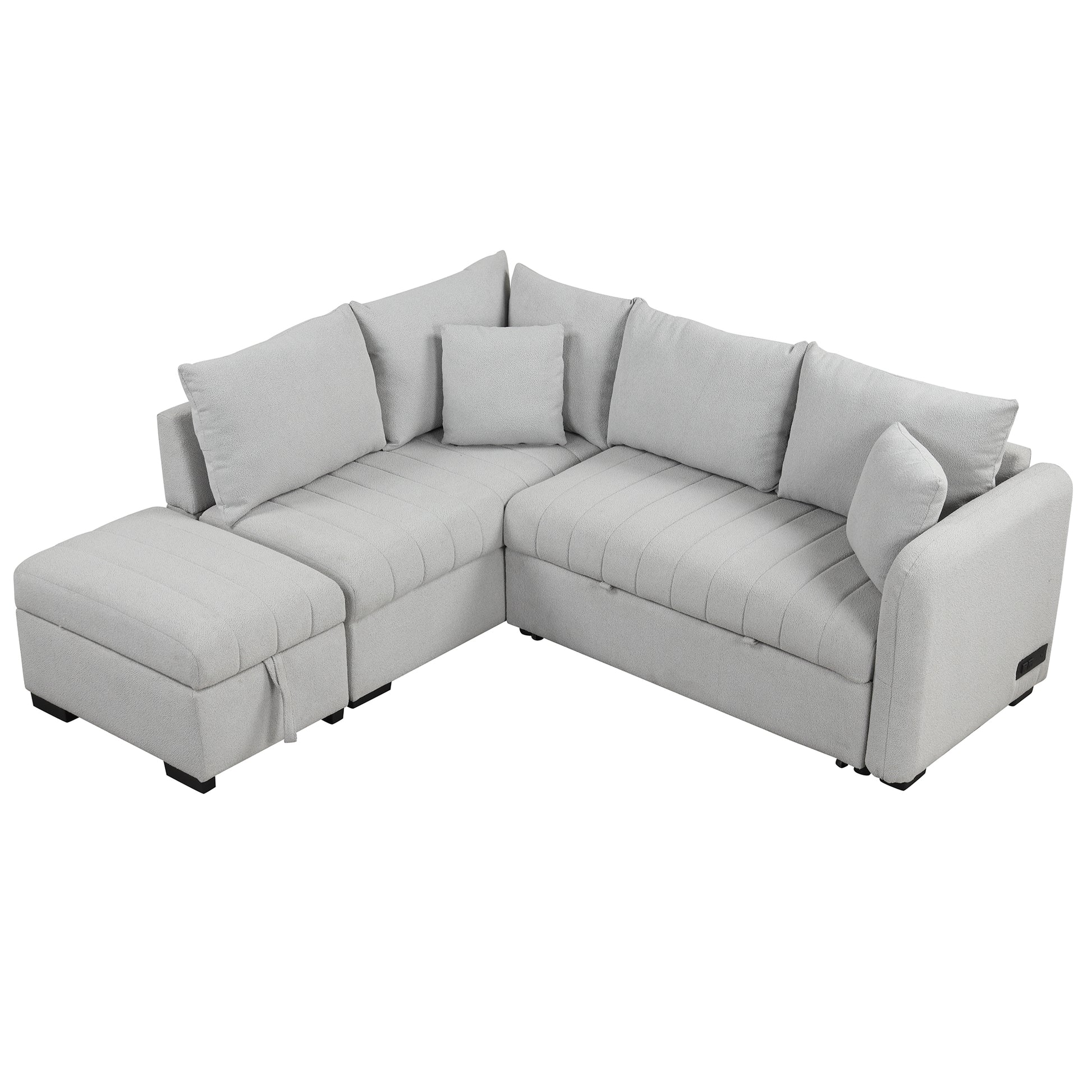 82.6" L Shaped Sectional Pull Out Sofa Bed Sleeper Sofa With Two Usb Ports, Two Power Sockets And A Movable Storage Ottoman, Gray Gray Foam Polyester