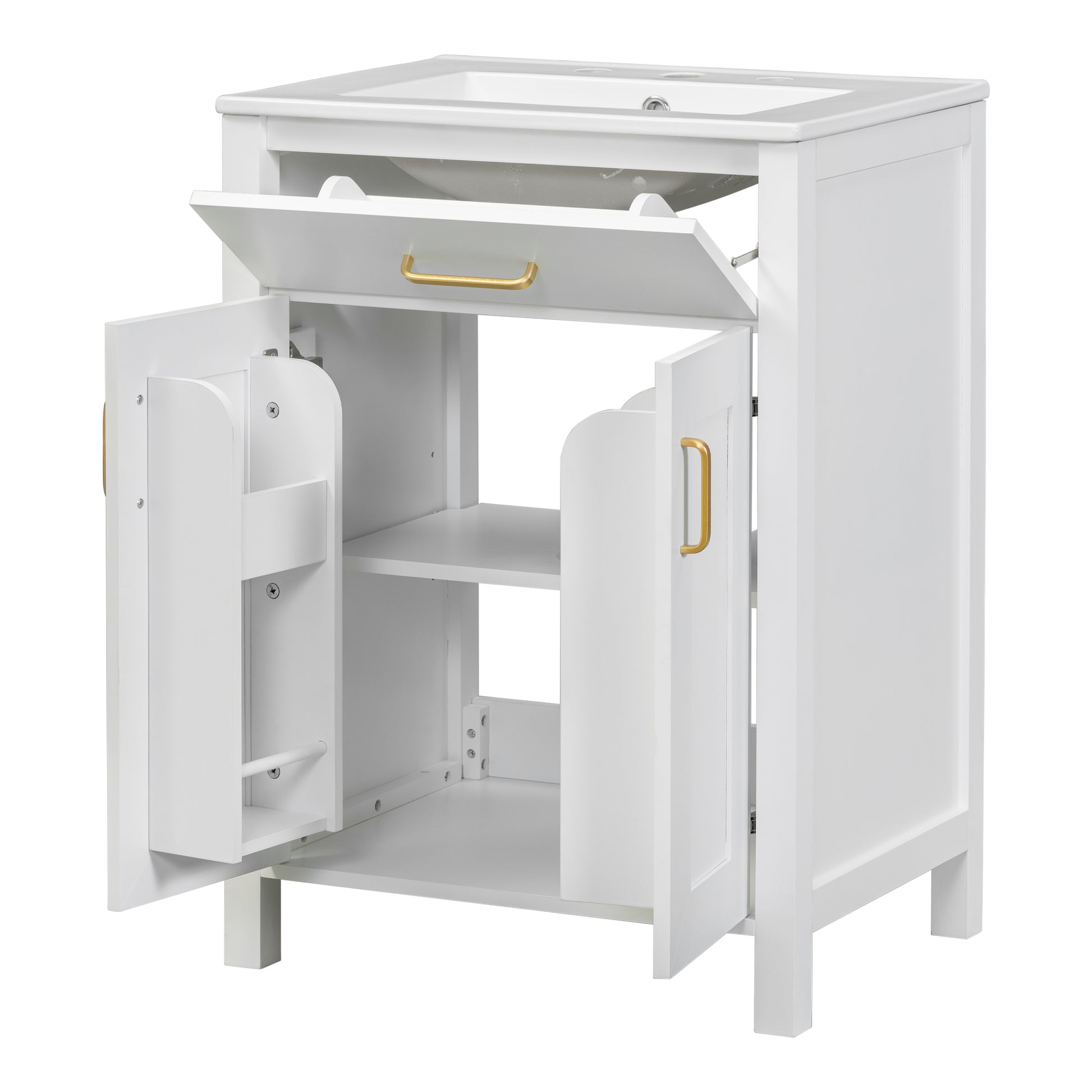 24"Bathroom Vanity Combo With Ceramic Sink, Luxurious Space Saving Vanity W24"*D18"*H34"Inch, 2 Soft Close Doors Gold White Bathroom Solid Wood Mdf