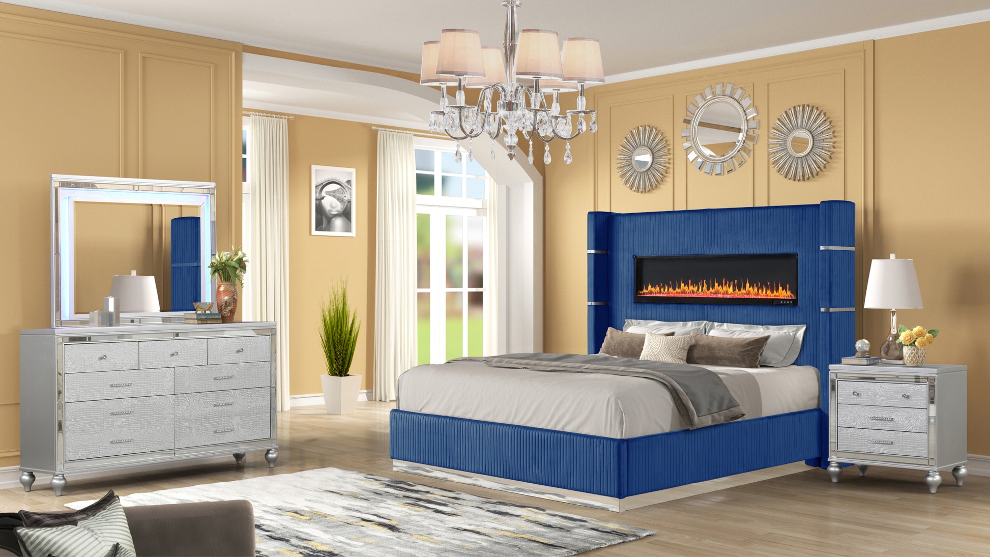 Lizelle Modern Style Upholstery Queen 4 Piece Includes: Queen Size Bed, Nightstanddresser, And Mirror Fireplace Bedroom Set Made With Wood In Blue Box Spring Required Queen Blue Wood 4 Piece Set Bedroom Bed Included,Dresser Included,Mirror