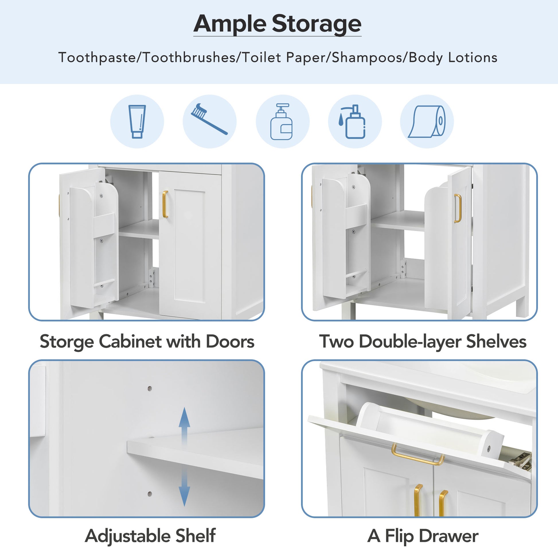 24"Bathroom Vanity Combo With Ceramic Sink, Luxurious Space Saving Vanity W24"*D18"*H34"Inch, 2 Soft Close Doors Gold White Bathroom Solid Wood Mdf