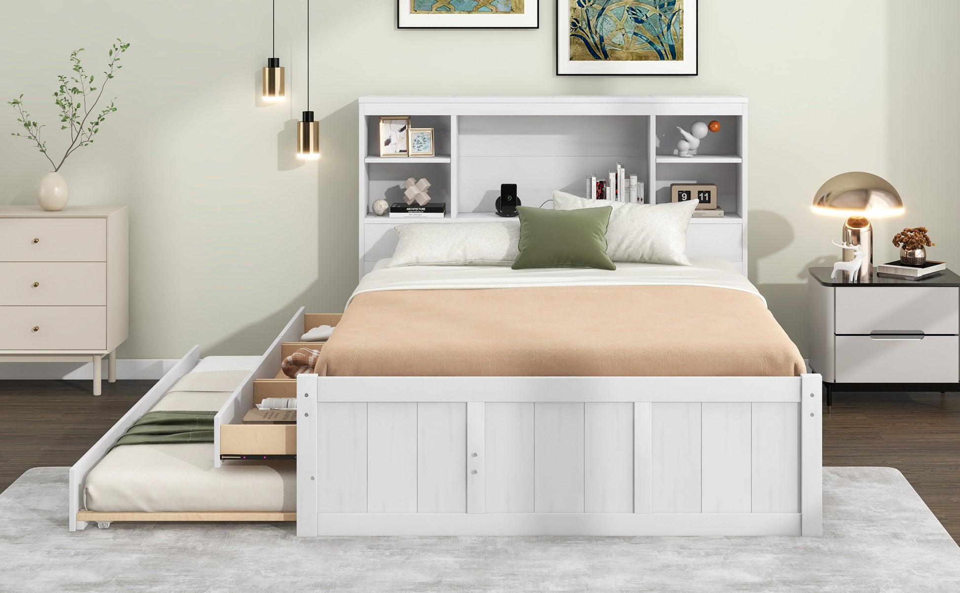 Full Size Platform Bed With Storage Headboard, Charging Station, Twin Size Trundle And 3 Drawers, Antique White Box Spring Not Required Twin Antique White Wood Bedroom Bed Frame Solid Wood Mdf