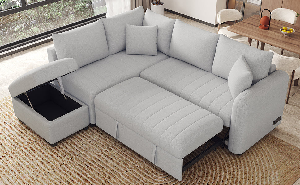 82.6" L Shaped Sectional Pull Out Sofa Bed Sleeper Sofa With Two Usb Ports, Two Power Sockets And A Movable Storage Ottoman, Gray Gray Foam Polyester