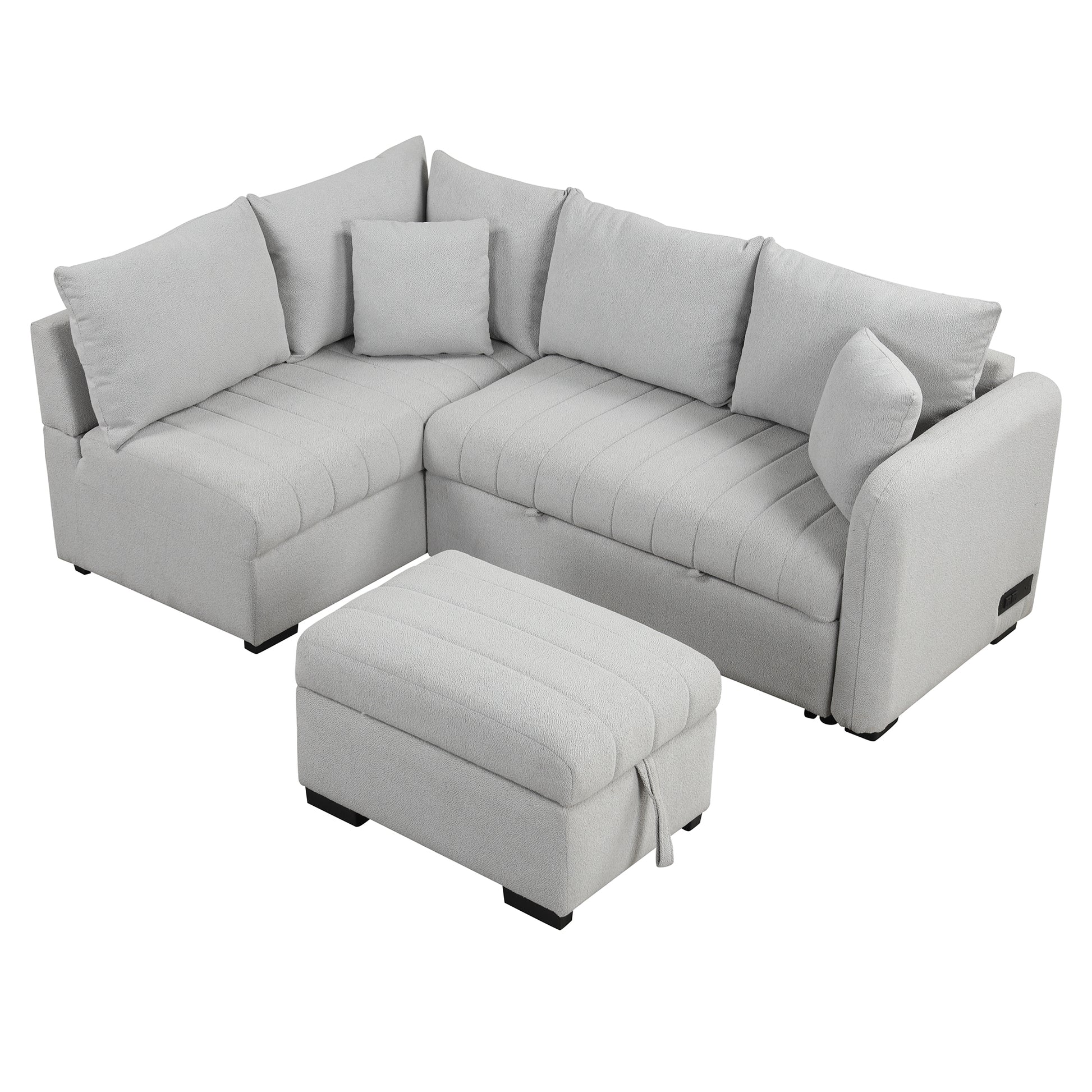 82.6" L Shaped Sectional Pull Out Sofa Bed Sleeper Sofa With Two Usb Ports, Two Power Sockets And A Movable Storage Ottoman, Gray Gray Foam Polyester