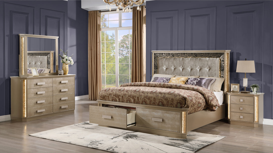 Medusa Queen 4Pc Bedroom Set Made With Wood In Gold Box Spring Not Required Queen Gold Wood 4 Piece Set Bedroom Bed Included,Dresser Included,Mirror Included,Nightstand Included Modern,Traditional Wood