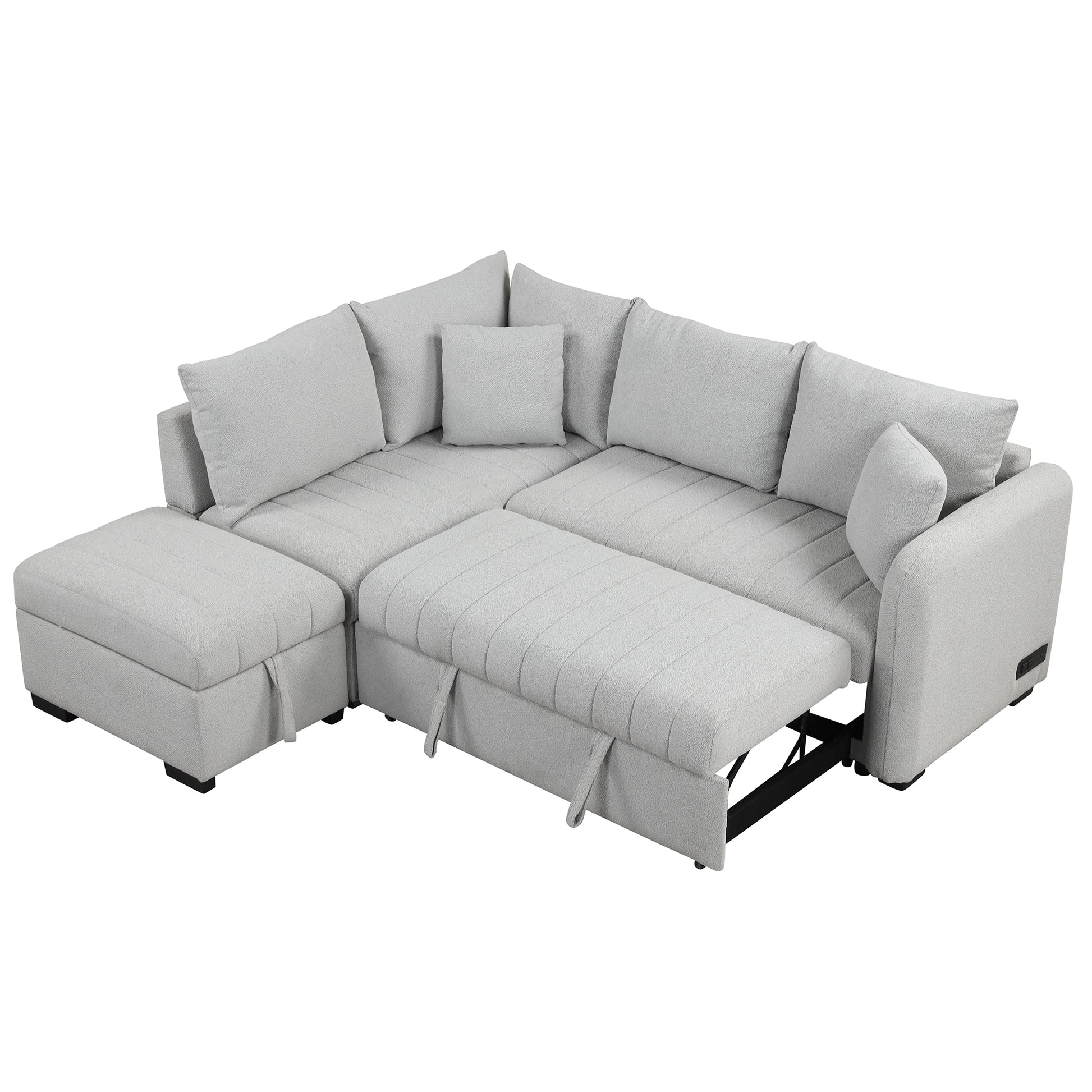 82.6" L Shaped Sectional Pull Out Sofa Bed Sleeper Sofa With Two Usb Ports, Two Power Sockets And A Movable Storage Ottoman, Gray Gray Foam Polyester