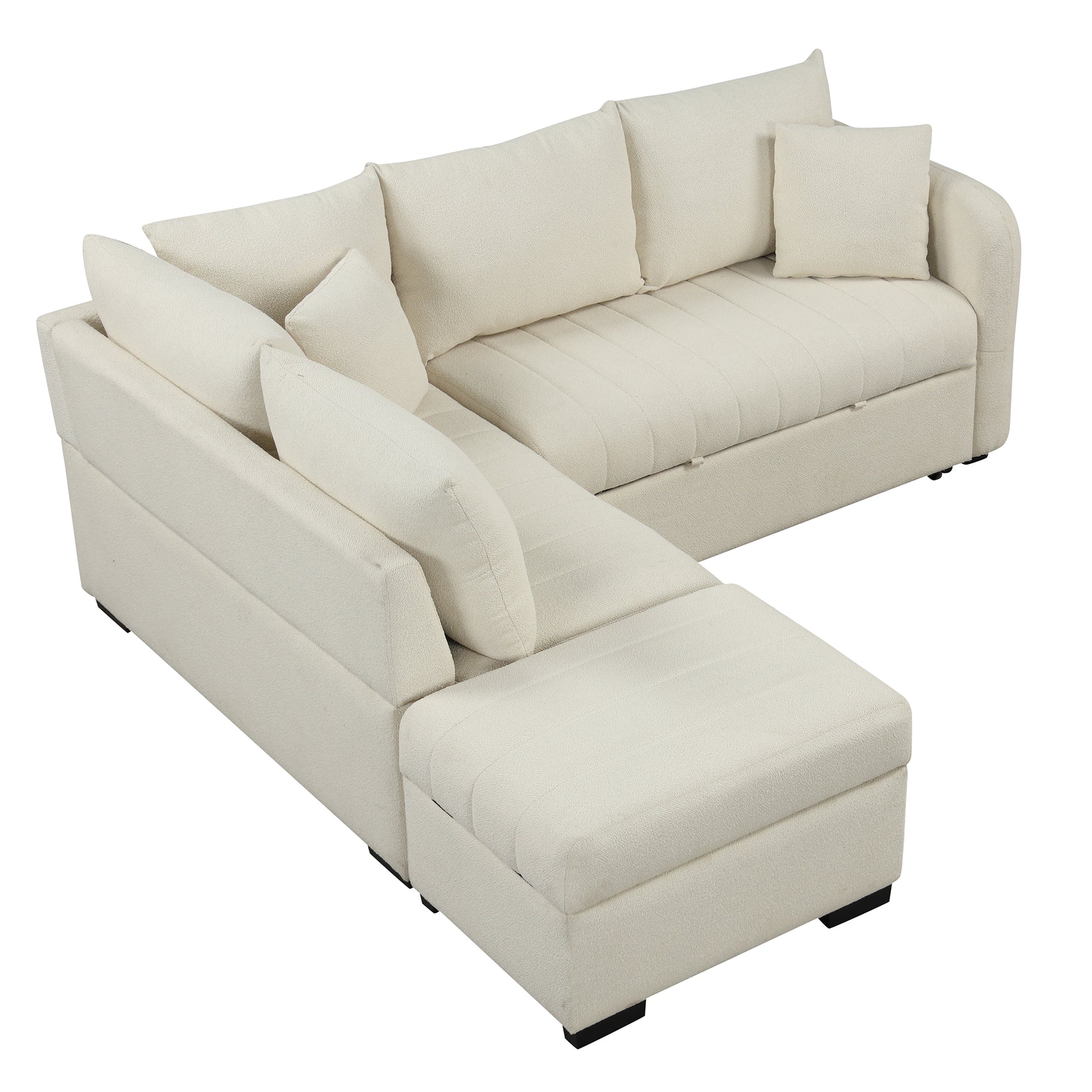 82.6" L Shaped Sectional Pull Out Sofa Bed Sleeper Sofa With Two Usb Ports, Two Power Sockets And A Movable Storage Ottoman, Beige Beige Foam Polyester