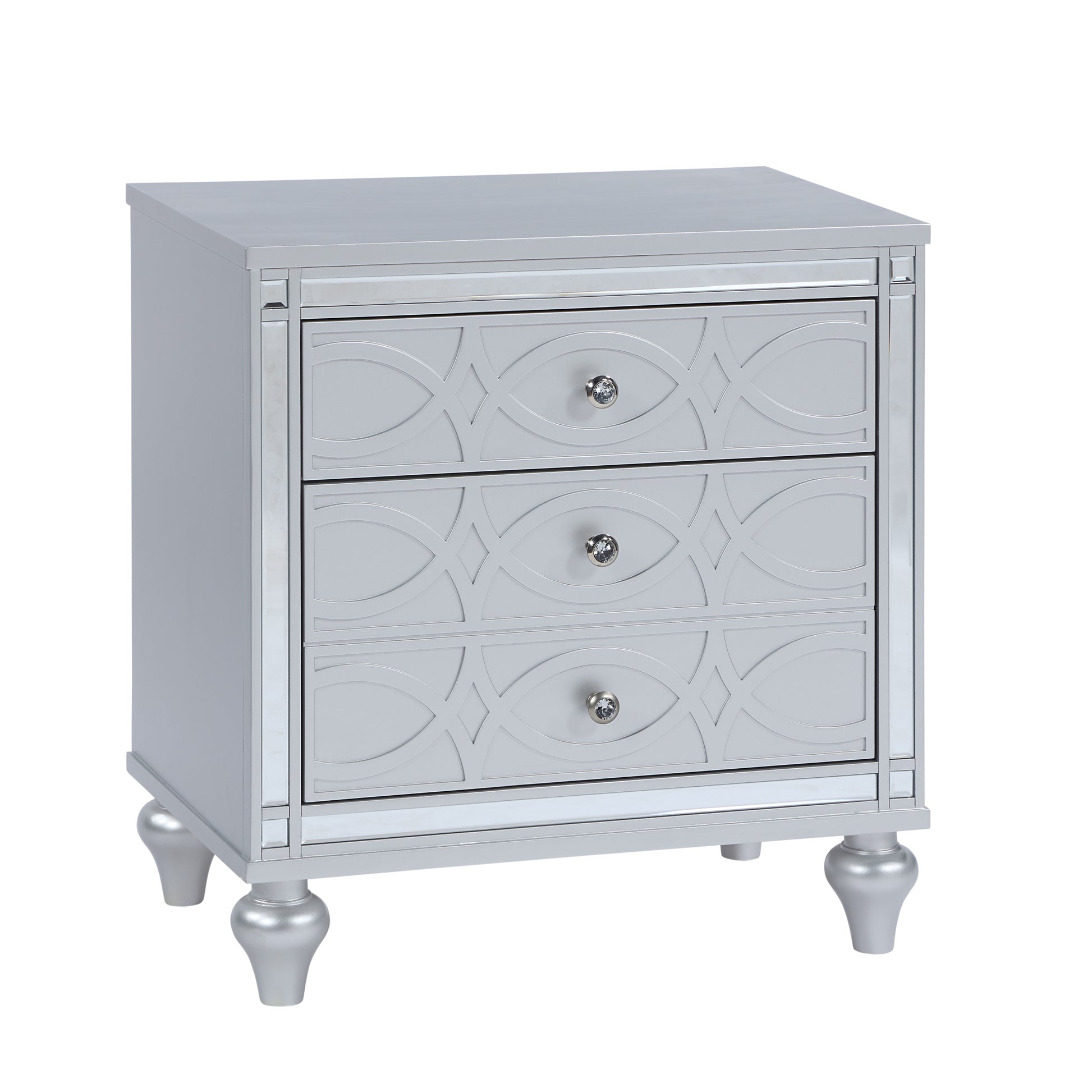 Contemporary Nightstands With Mirror Frame Accents, Bedside Table With Two Drawers And One Hidden Drawer, End Table With Crystal Pull For Living Room,Bedroom, Silver Silver 3 Drawers Solid Wood Mdf