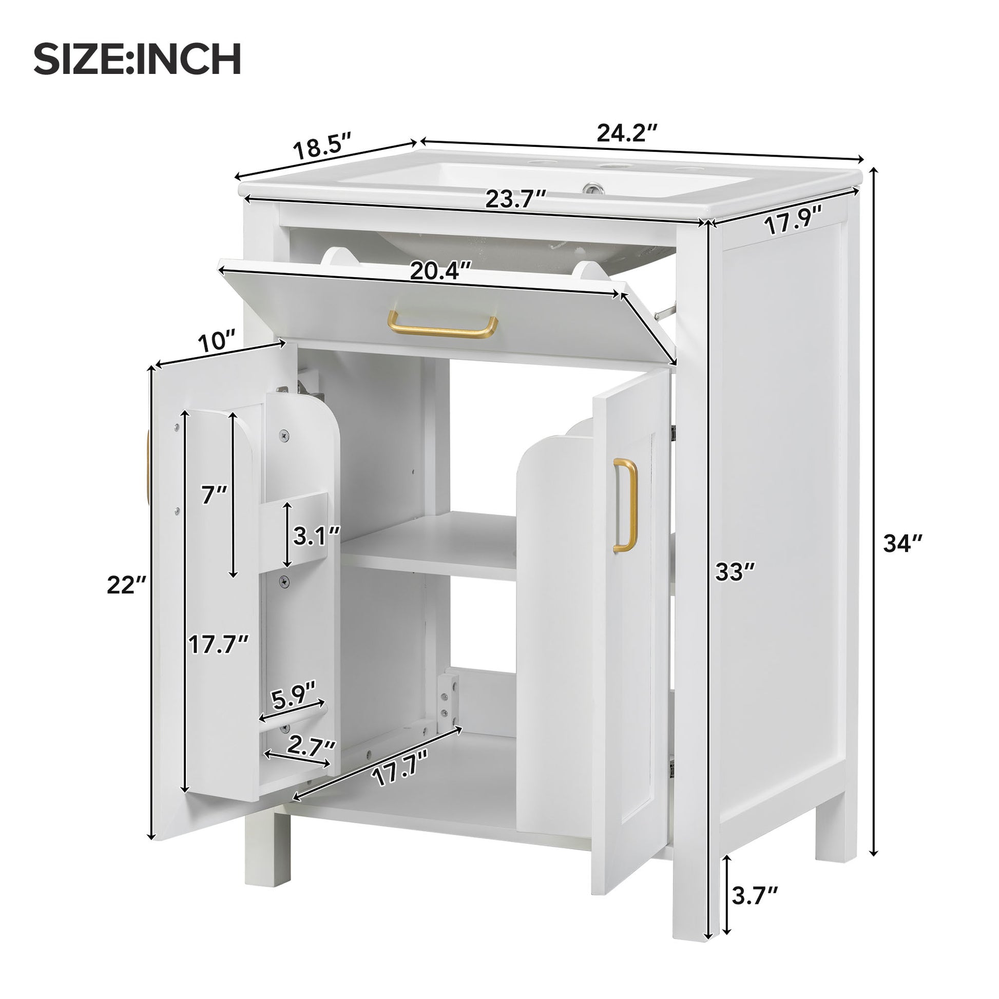 24"Bathroom Vanity Combo With Ceramic Sink, Luxurious Space Saving Vanity W24"*D18"*H34"Inch, 2 Soft Close Doors Gold White Bathroom Solid Wood Mdf