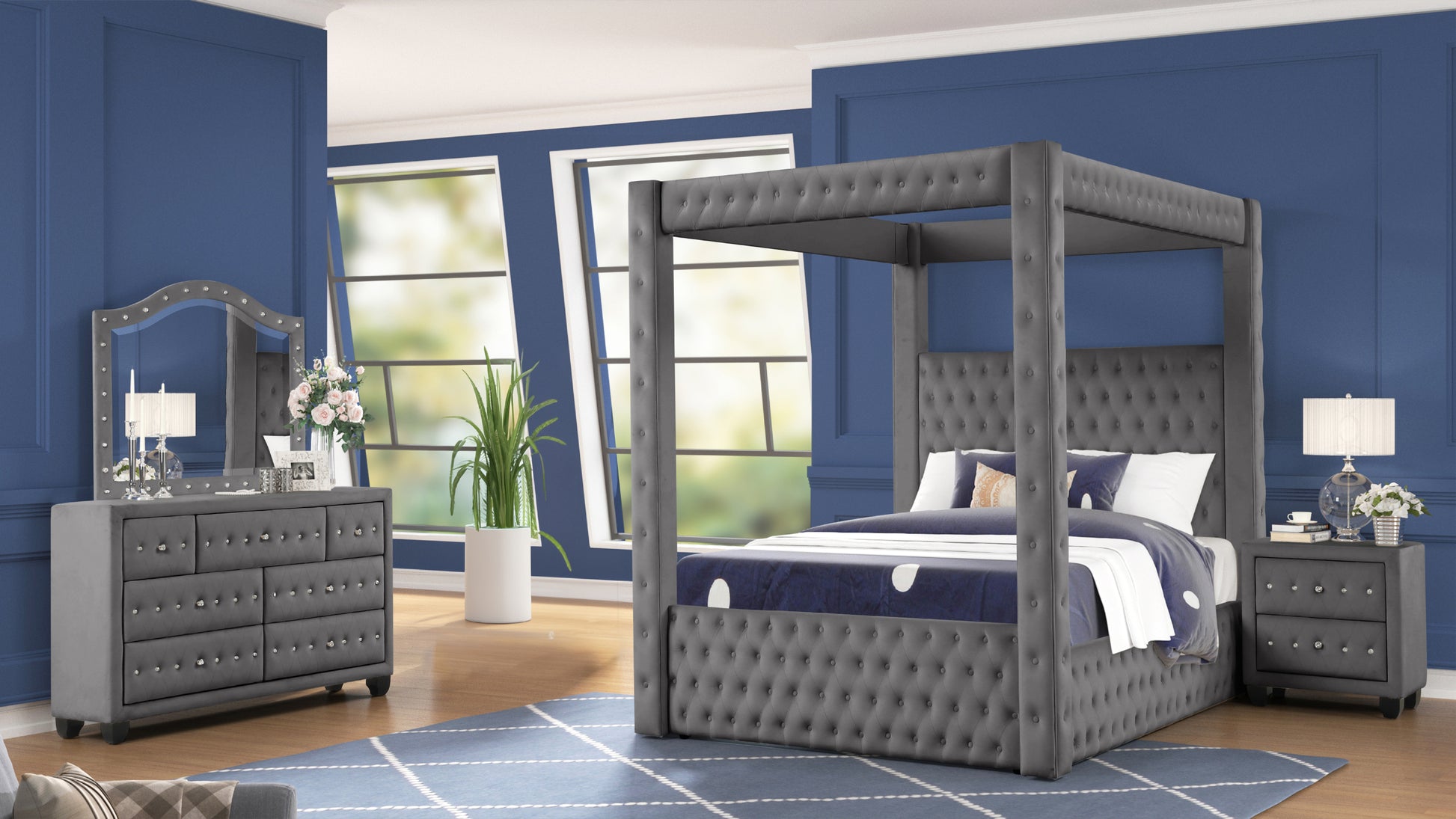 Monica Luxurious Four Poster Queen 4 Pc Bedroom Set Made With Wood In Gray Box Spring Not Required Queen Gray Wood 4 Piece Set Bedroom Bed Included,Dresser Included,Mirror Included,Nightstand Included Modern Upholstered Velvet Tufted Wood